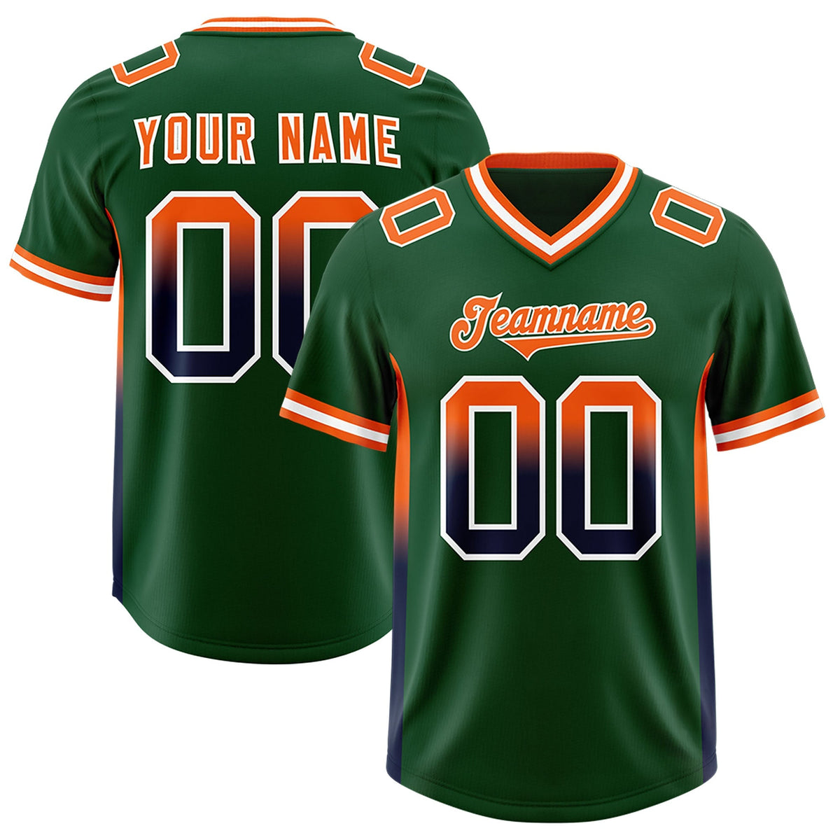 Custom Green Orange and Navy Sides Gradient Fashion Personalized Team American Football Jersey
