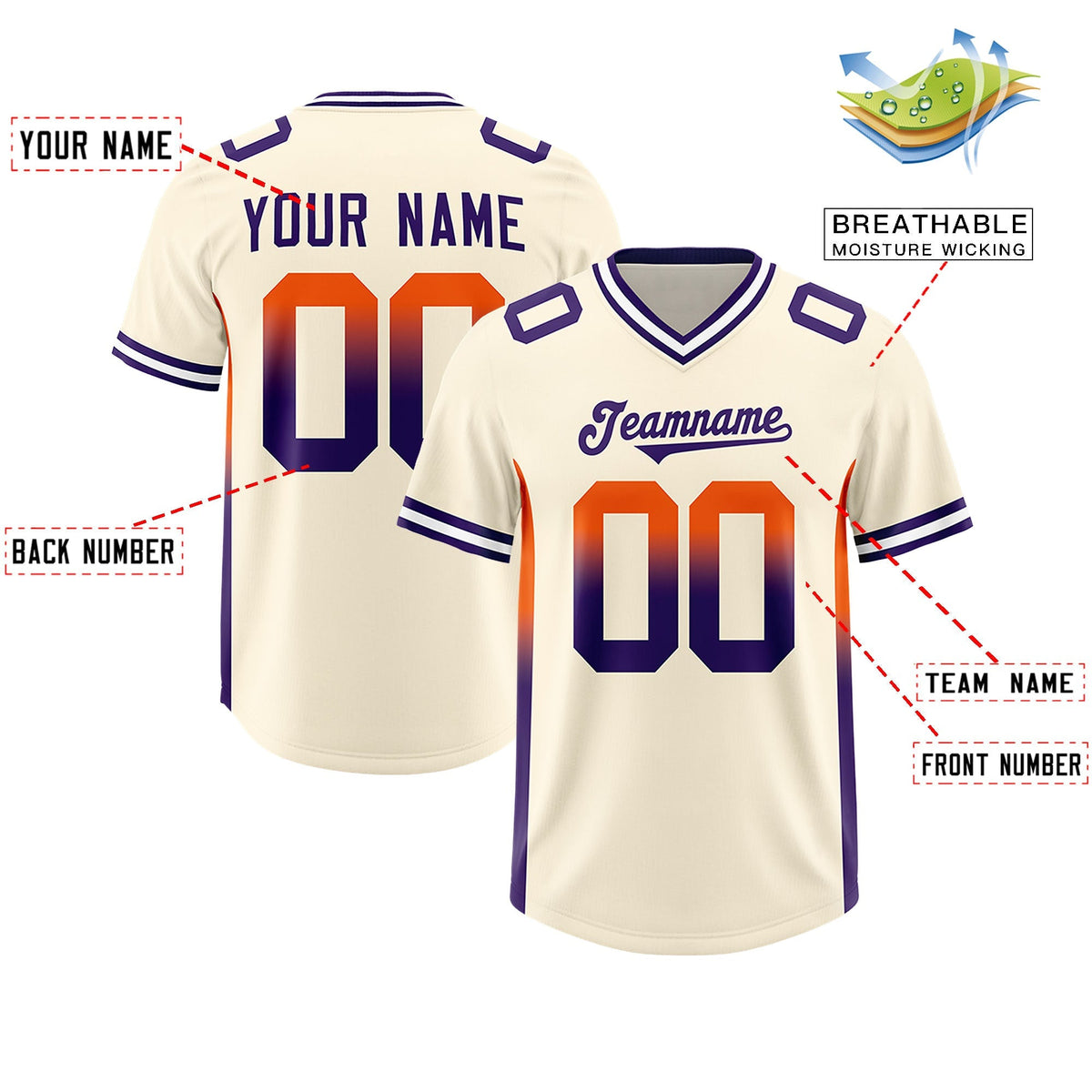 Custom Cream Orange and Purple Sides Gradient Fashion Personalized Team American Football Jersey