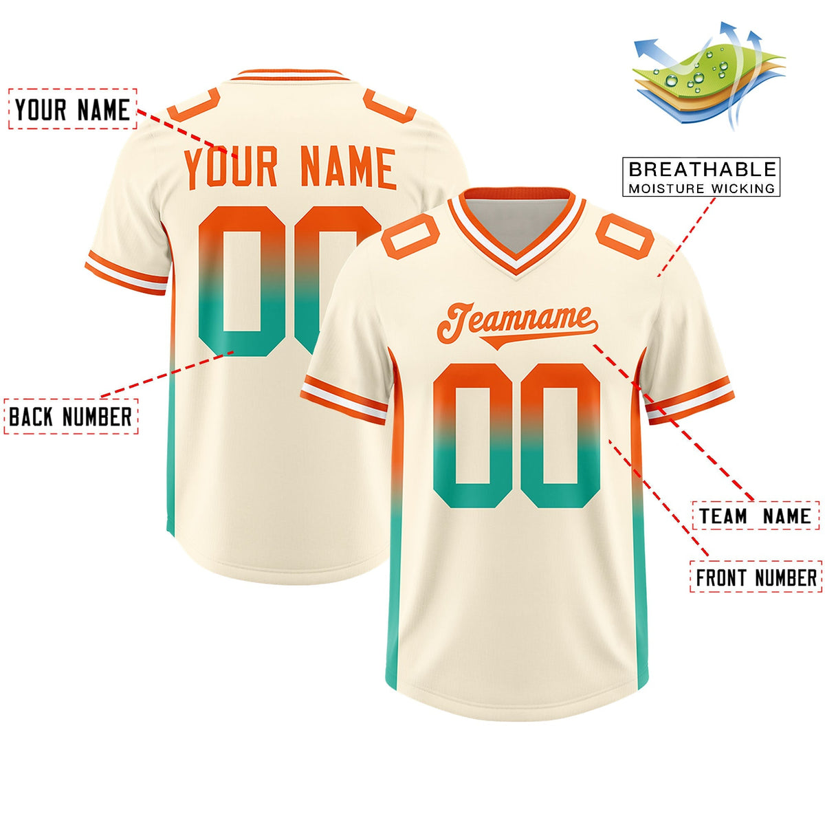Custom Cream Orange and Bright Green Sides Gradient Fashion Personalized Team American Football Jersey