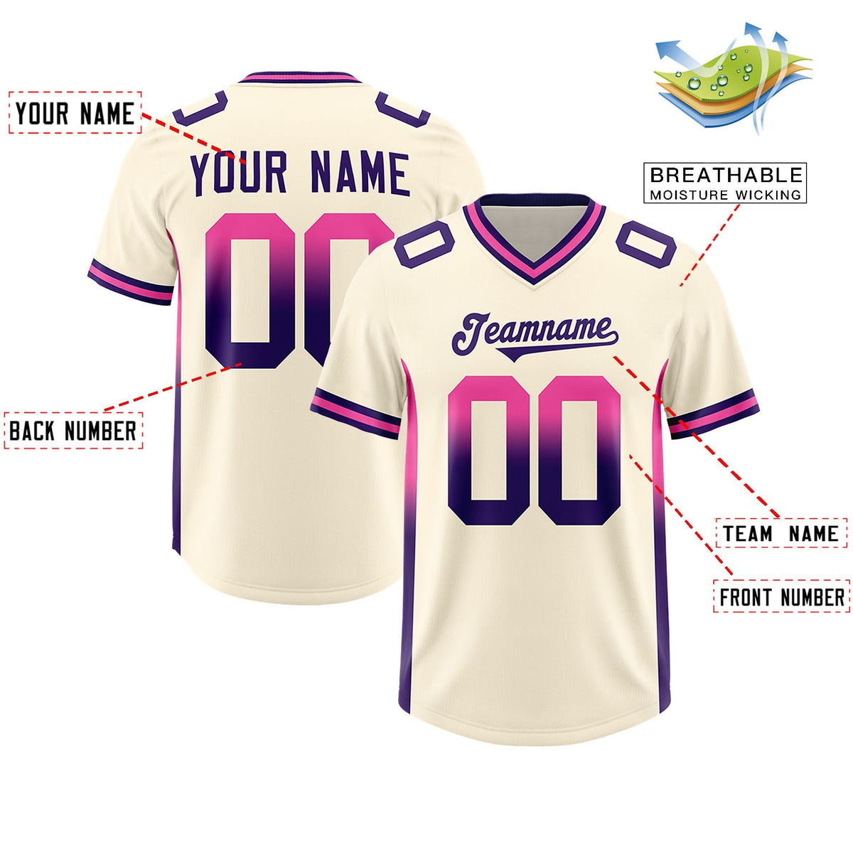 Custom Cream Pink and Purple Sides Gradient Fashion Personalized Team American Football Jersey