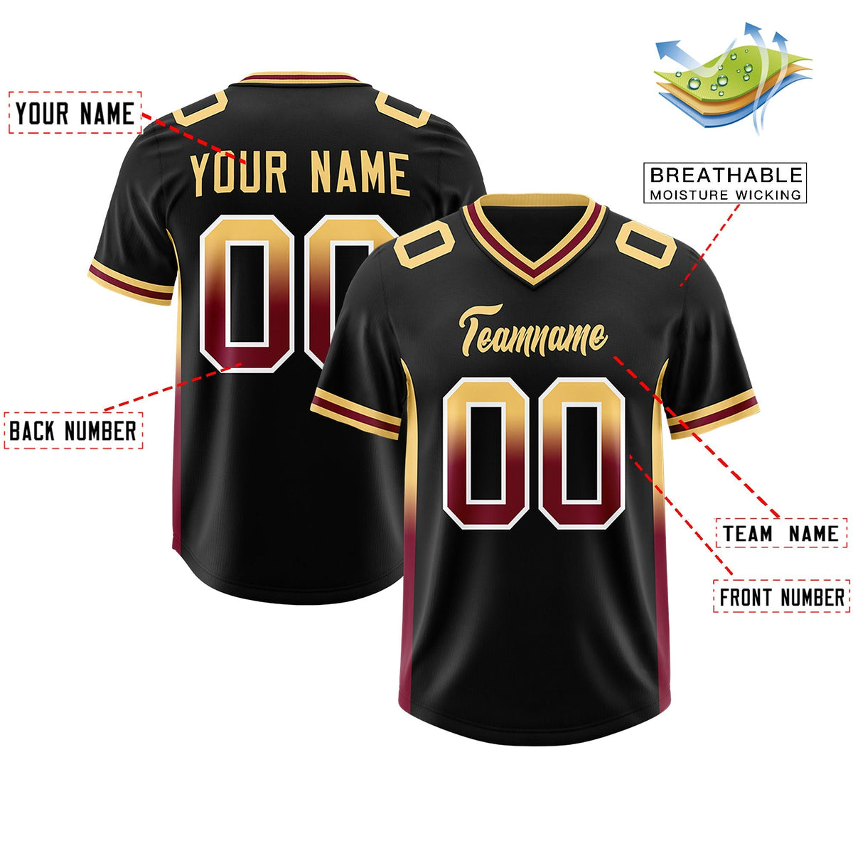 Custom Black Khaki and Cardinal Sides Gradient Fashion Personalized Team American Football Jersey