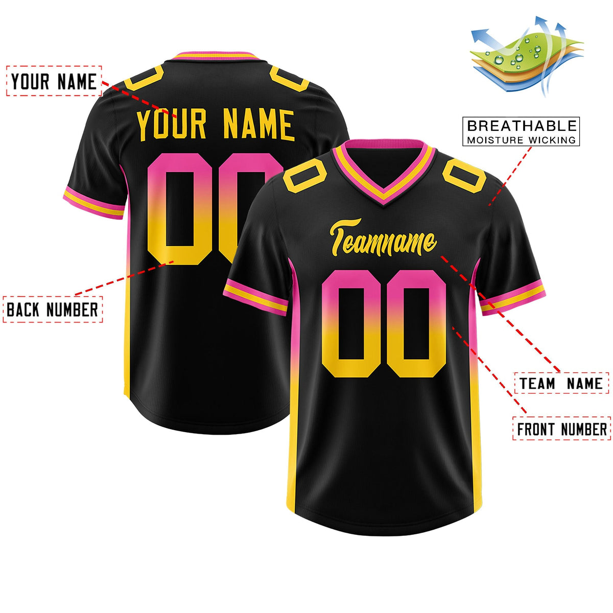 Custom Black Pink and Gold Sides Gradient Fashion Personalized Team American Football Jersey