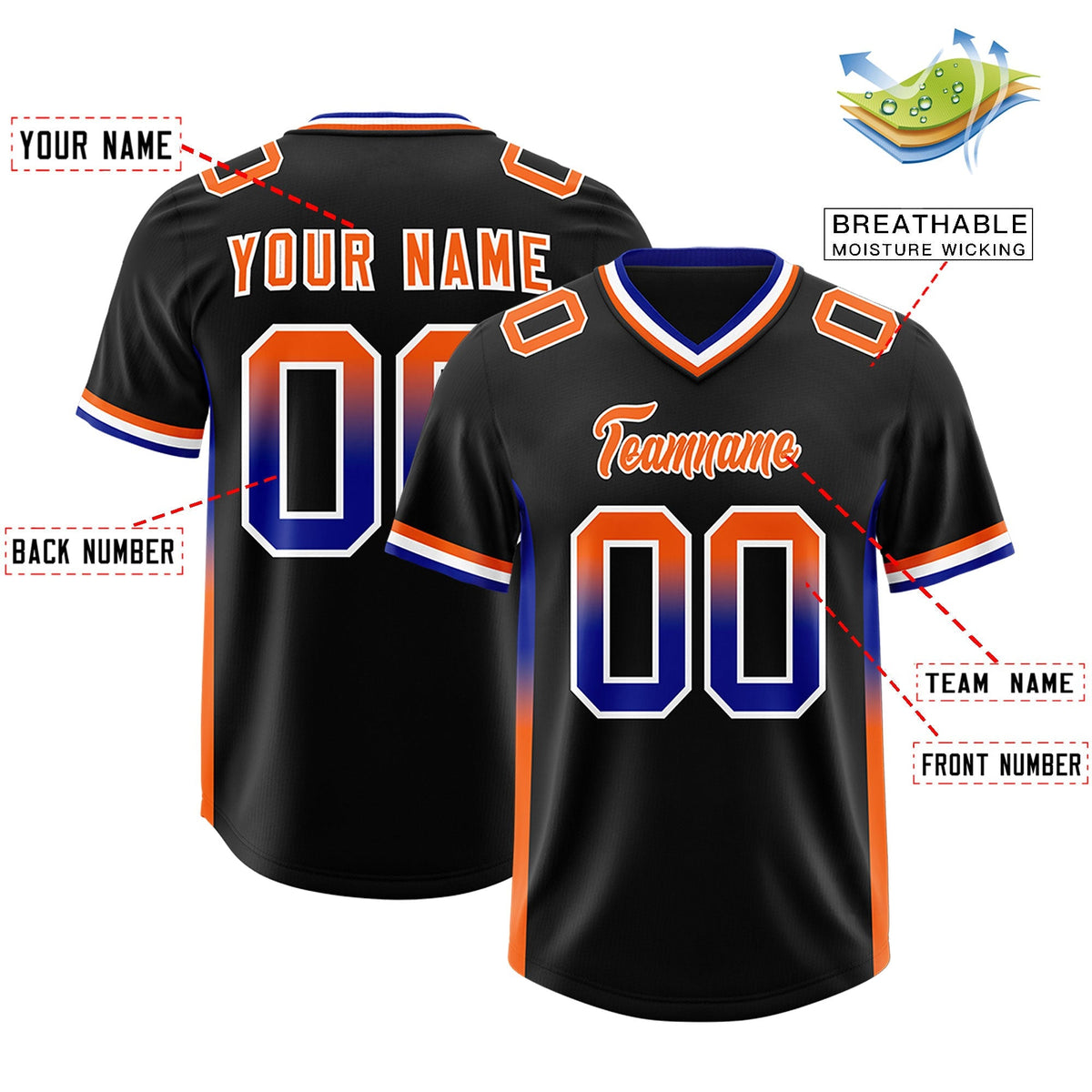 Custom Black Royal and Orange Sides Gradient Fashion Personalized Team American Football Jersey