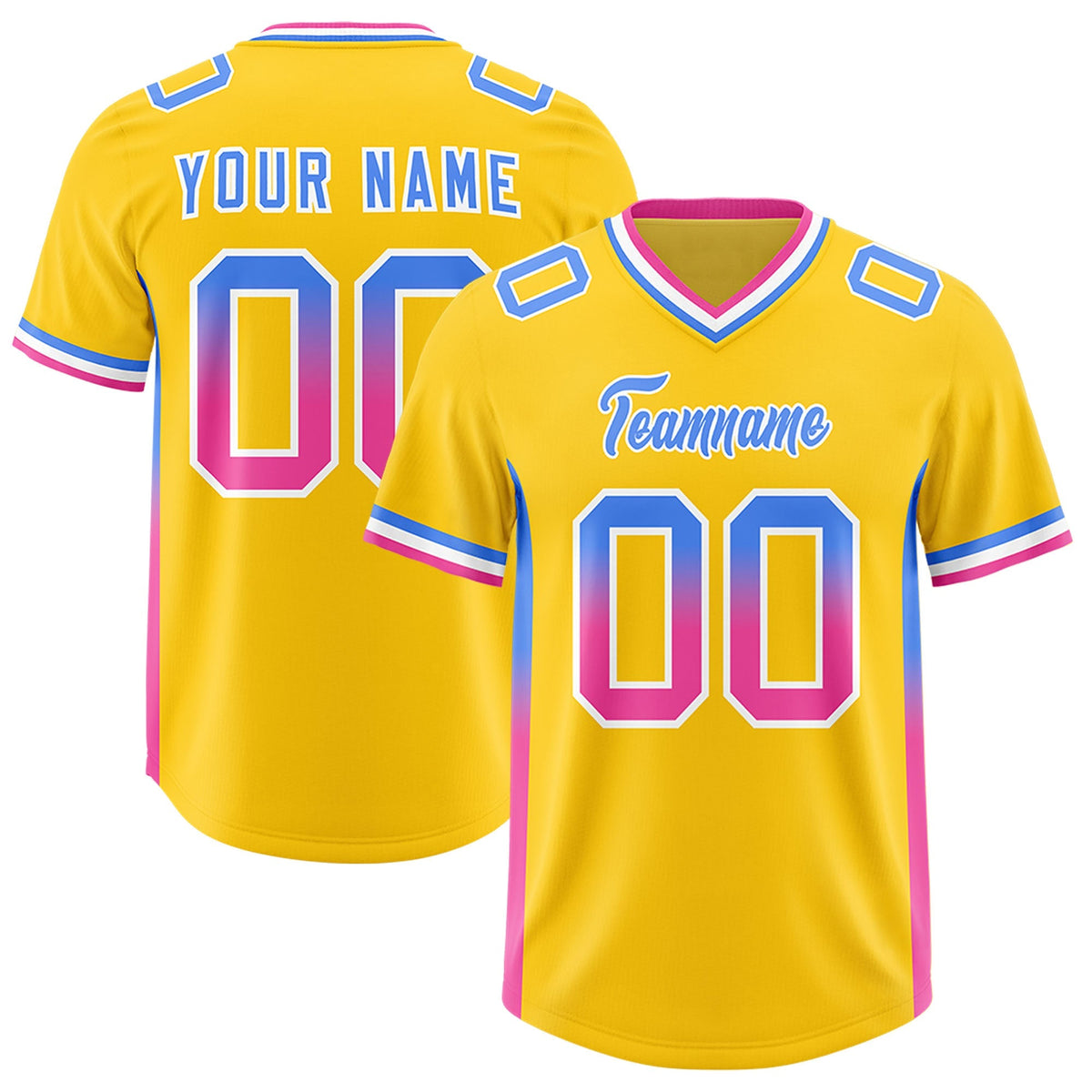 Custom Gold Powder Blue and Pink Sides Gradient Fashion Personalized Team American Football Jersey