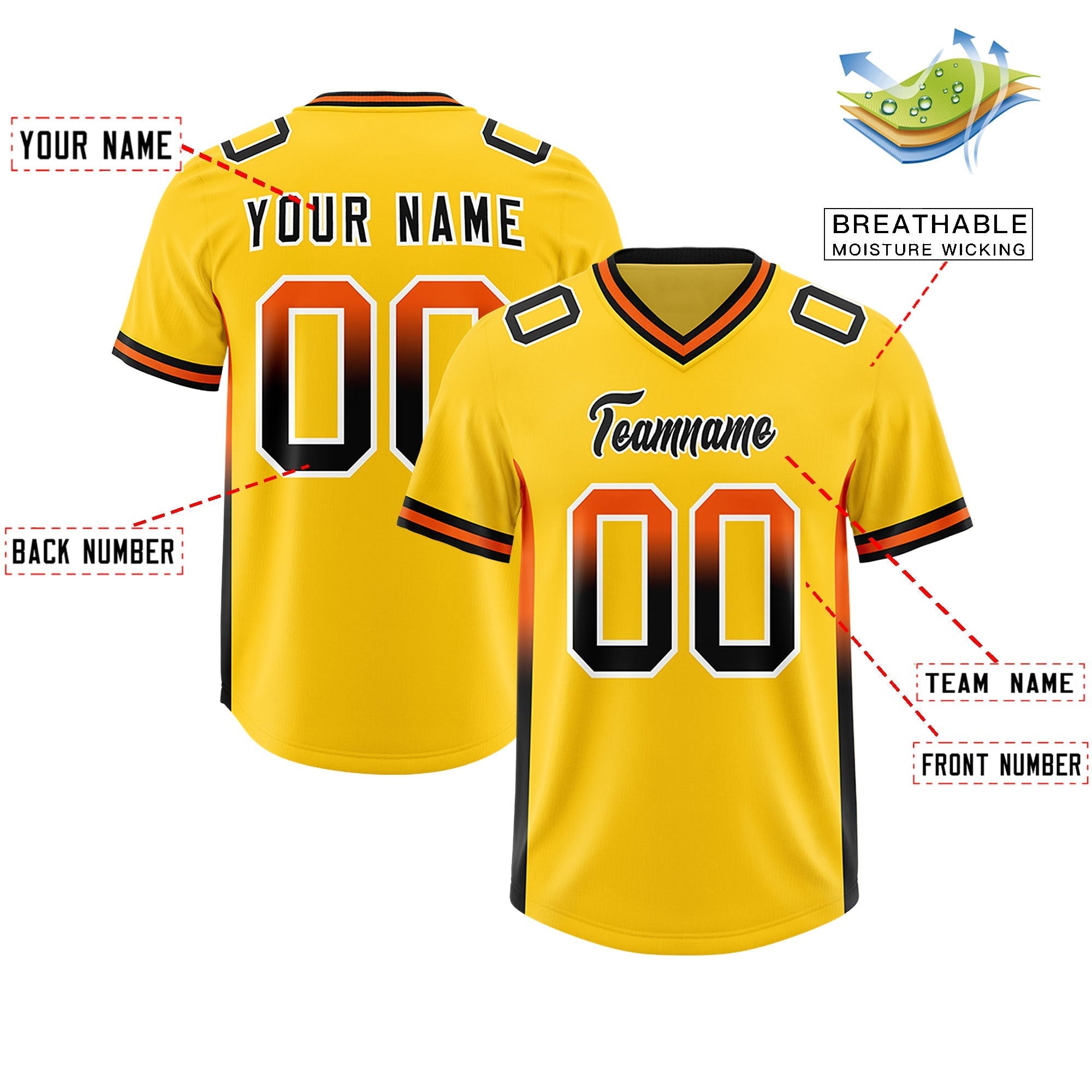 Custom Gold Orange and Black Sides Gradient Fashion Personalized Team American Football Jersey