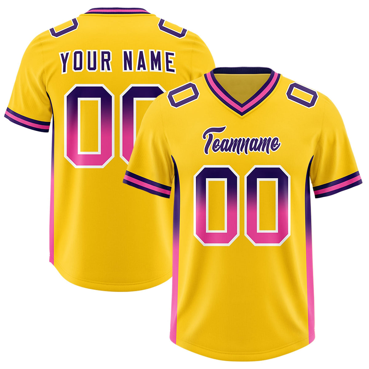 Custom Gold Purple and Pink Sides Gradient Fashion Personalized Team American Football Jersey