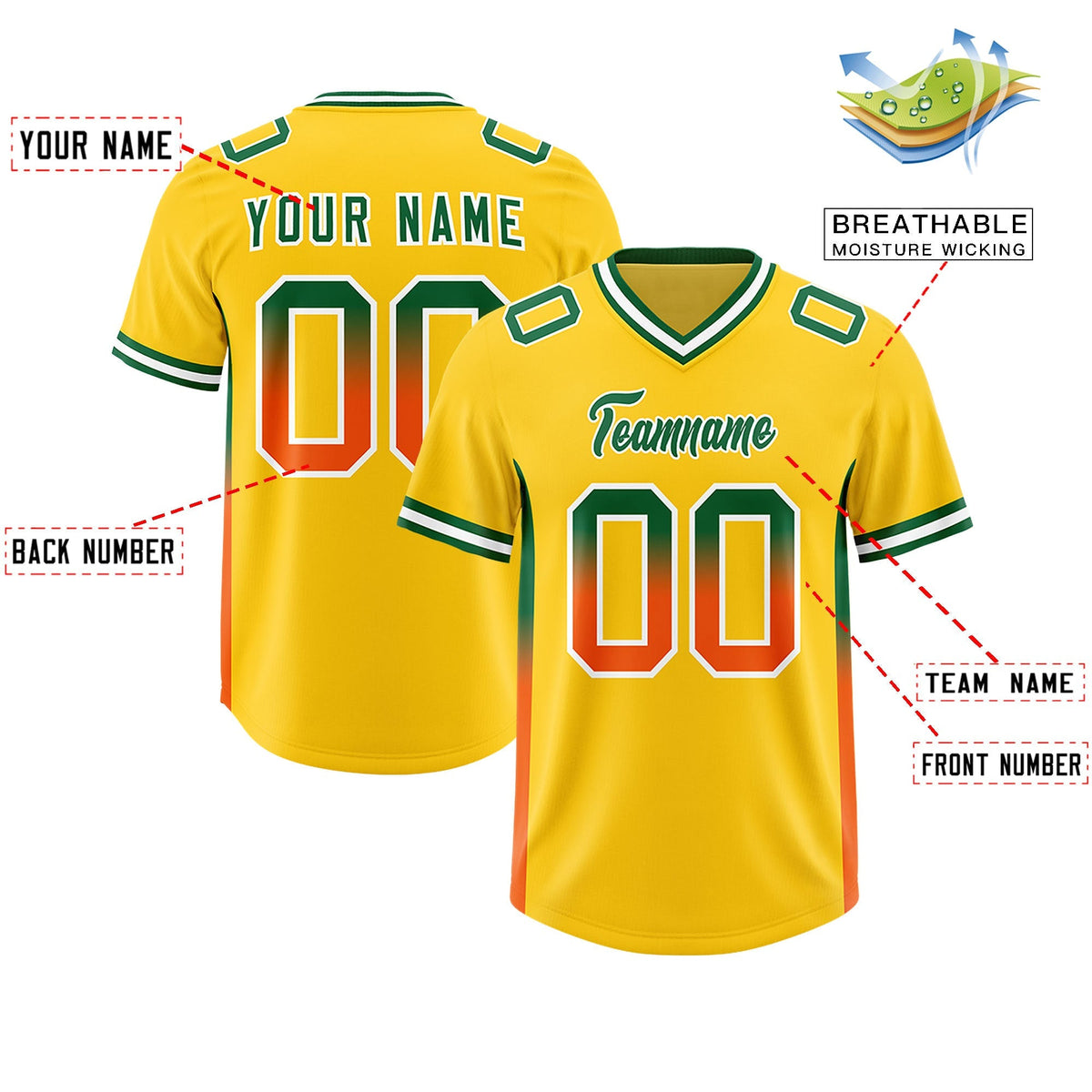 Custom Gold Kelly Green and Orange Sides Gradient Fashion Personalized Team American Football Jersey