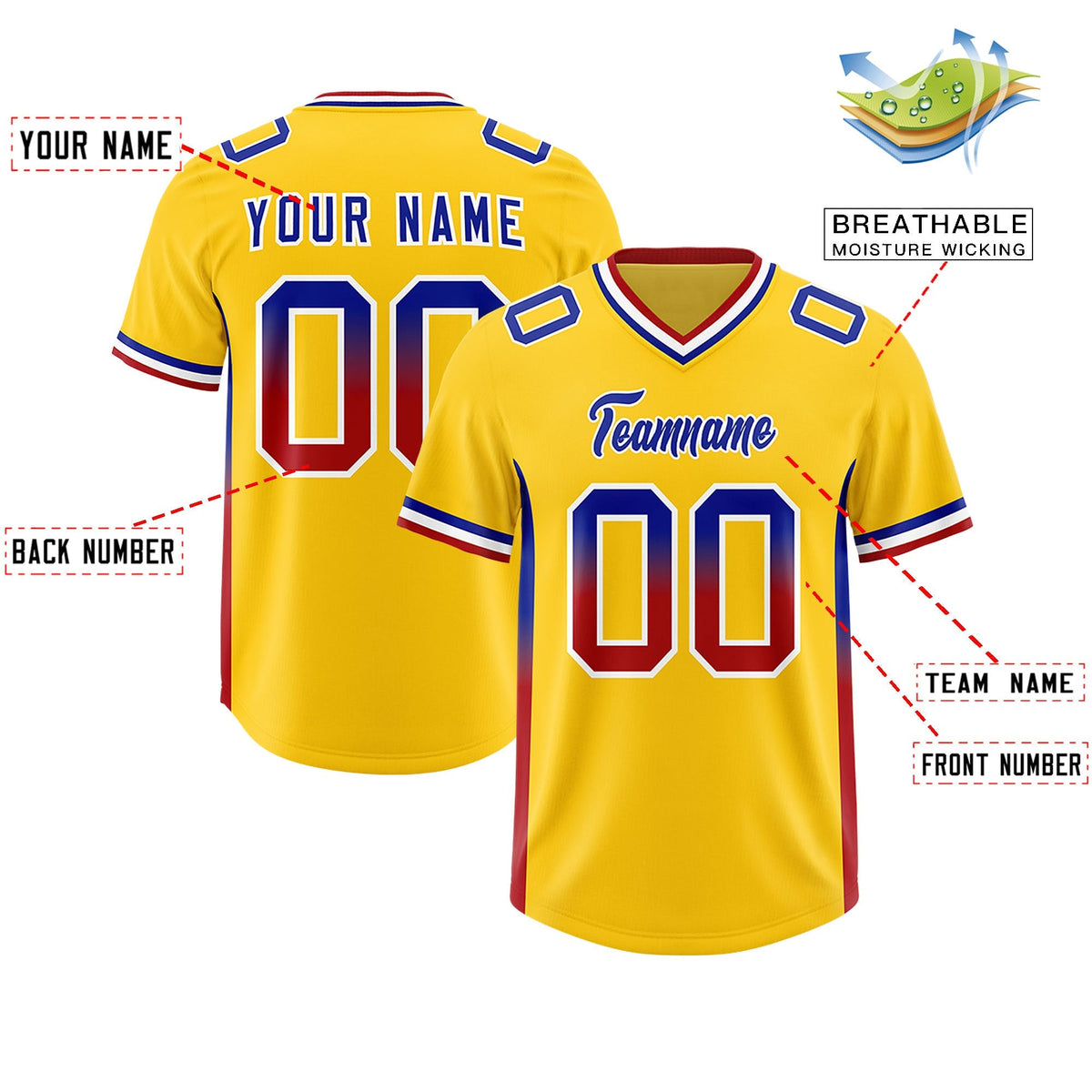 Custom Gold Royal and Red Sides Gradient Fashion Personalized Team American Football Jersey