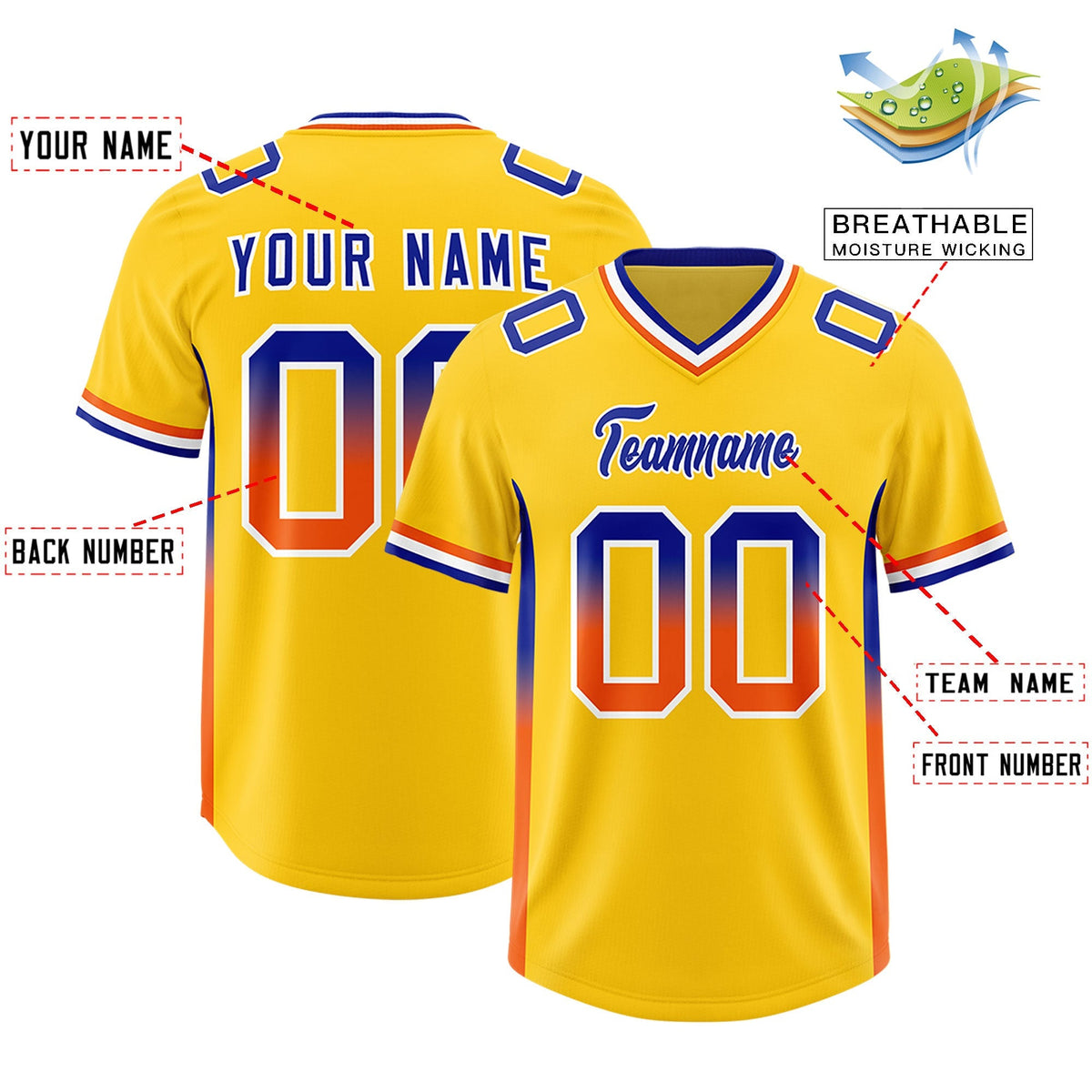 Custom Gold Royal and Orange Sides Gradient Fashion Personalized Team American Football Jersey