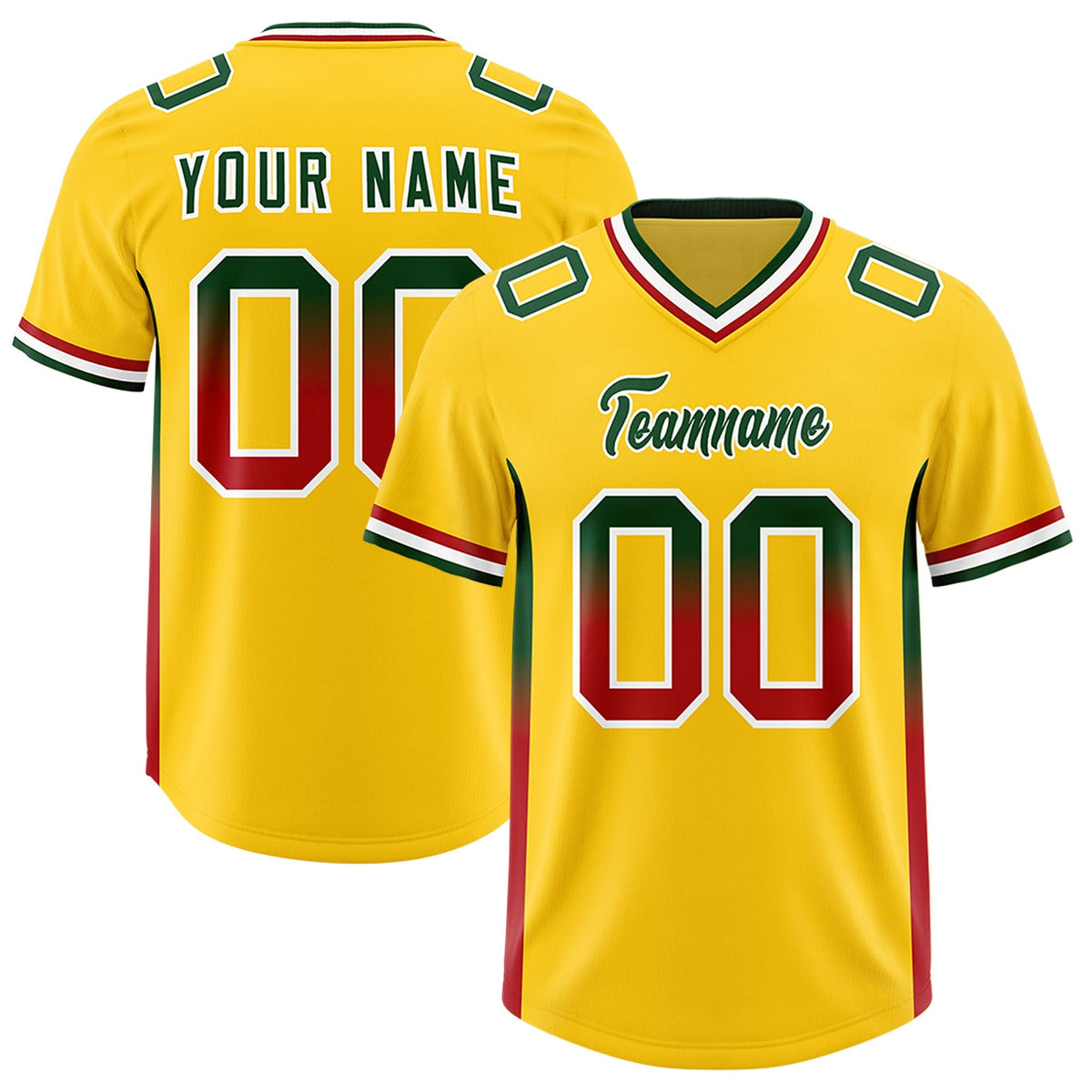 Custom Gold Green and Red Sides Gradient Fashion Personalized Team American Football Jersey