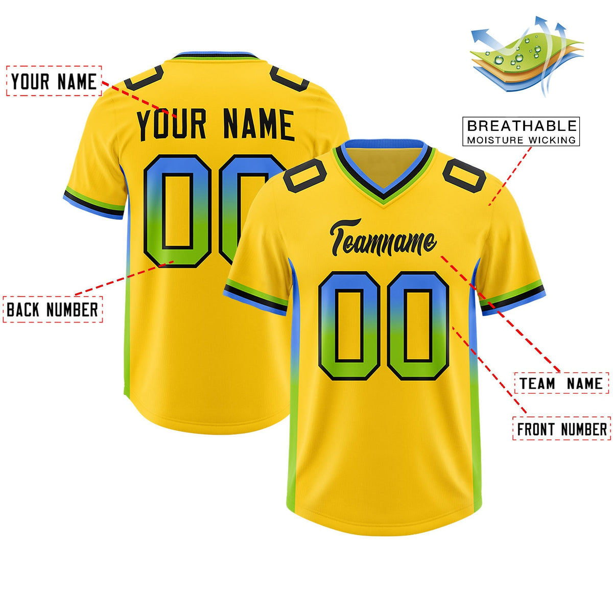 Custom Gold Powder Blue and Neon Green Sides Gradient Fashion Personalized Team American Football Jersey