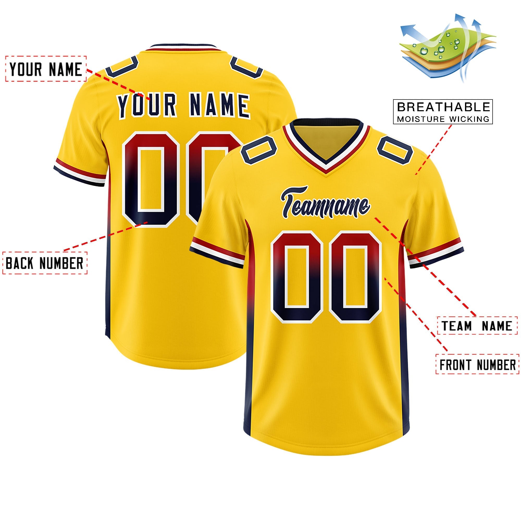 Custom Gold Red and Navy Sides Gradient Fashion Personalized Team American Football Jersey