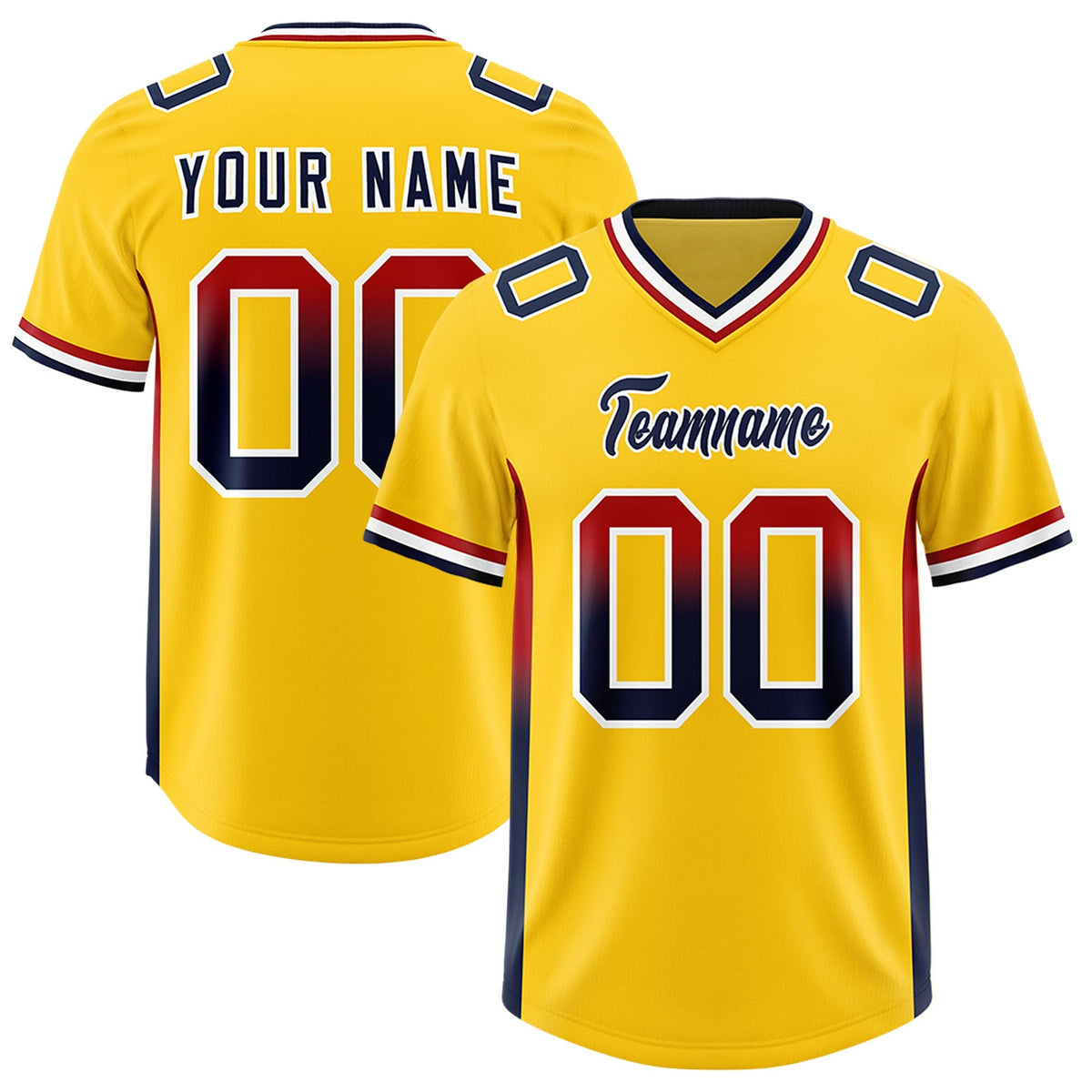 Custom Gold Red and Navy Sides Gradient Fashion Personalized Team American Football Jersey