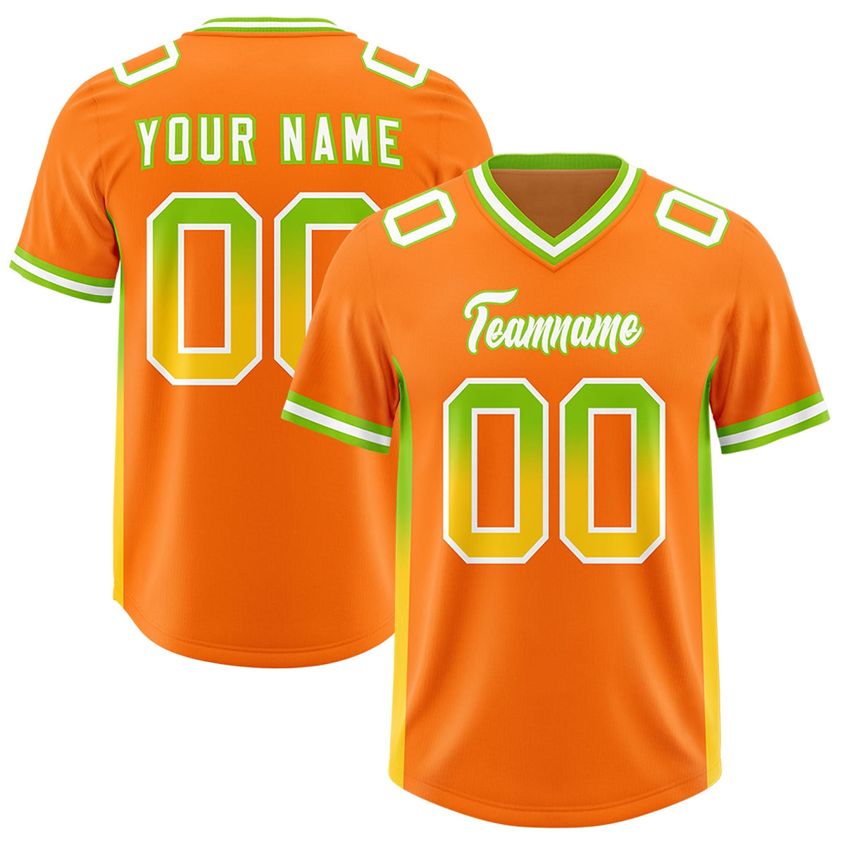 Custom Orange Neon Green and Gold Sides Gradient Fashion Personalized Team American Football Jersey