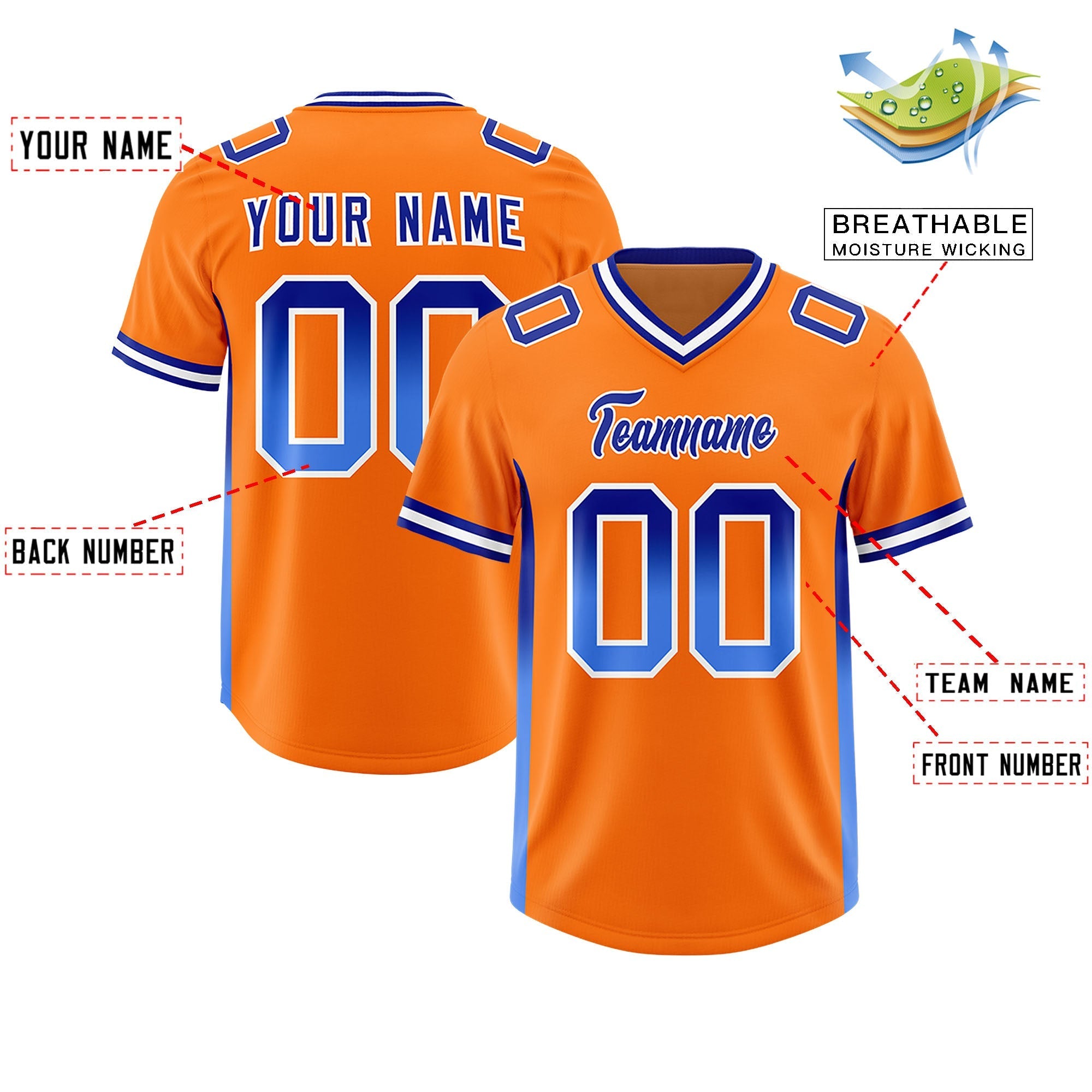 Custom Orange Royal and Powder Blue Sides Gradient Fashion Personalized Team American Football Jersey