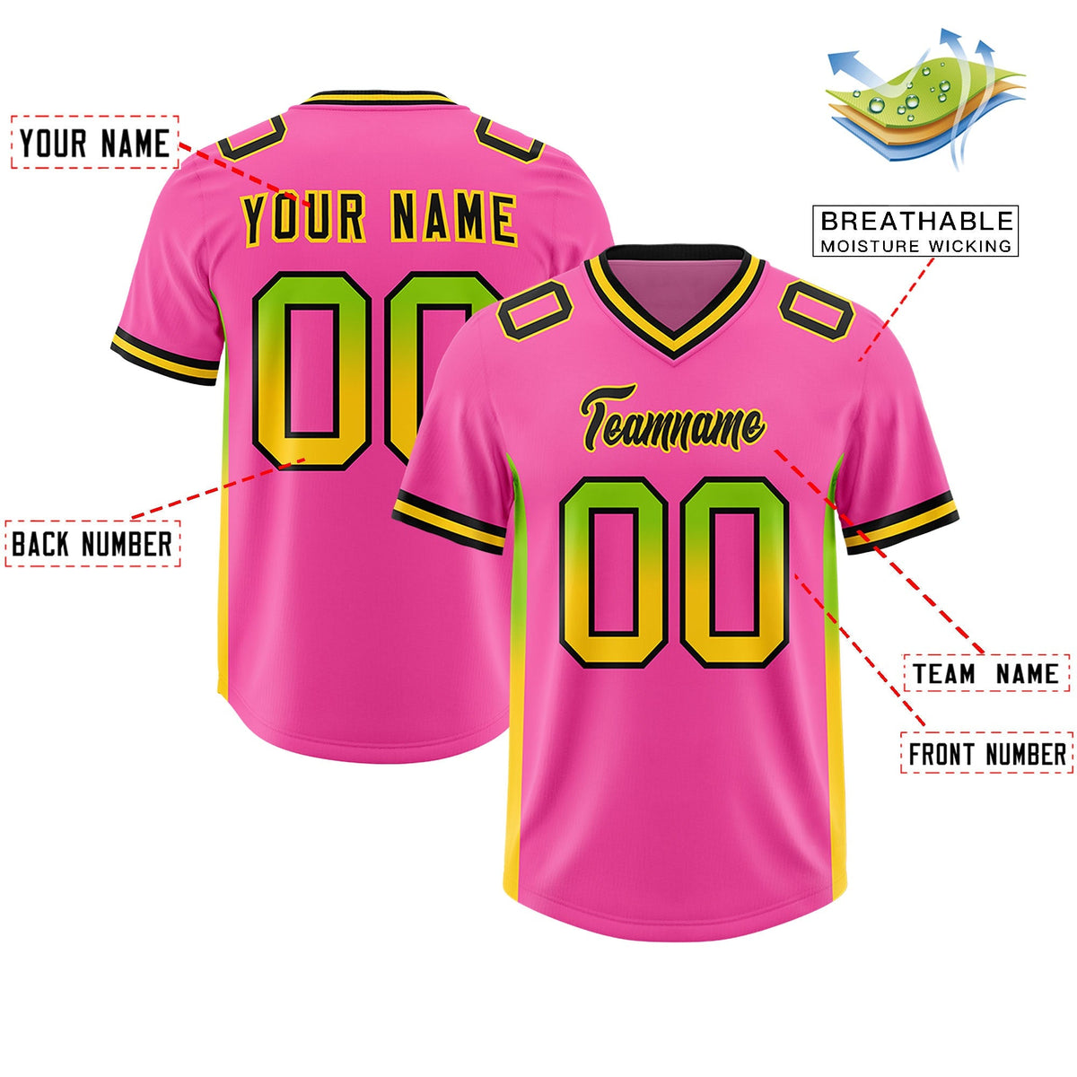 Custom Pink Neon Green and Gold Sides Gradient Fashion Personalized Team American Football Jersey