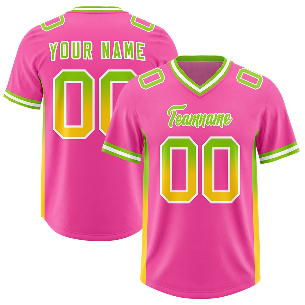Custom Pink Neon Green and Gold Sides Gradient Fashion Personalized Team American Football Jersey