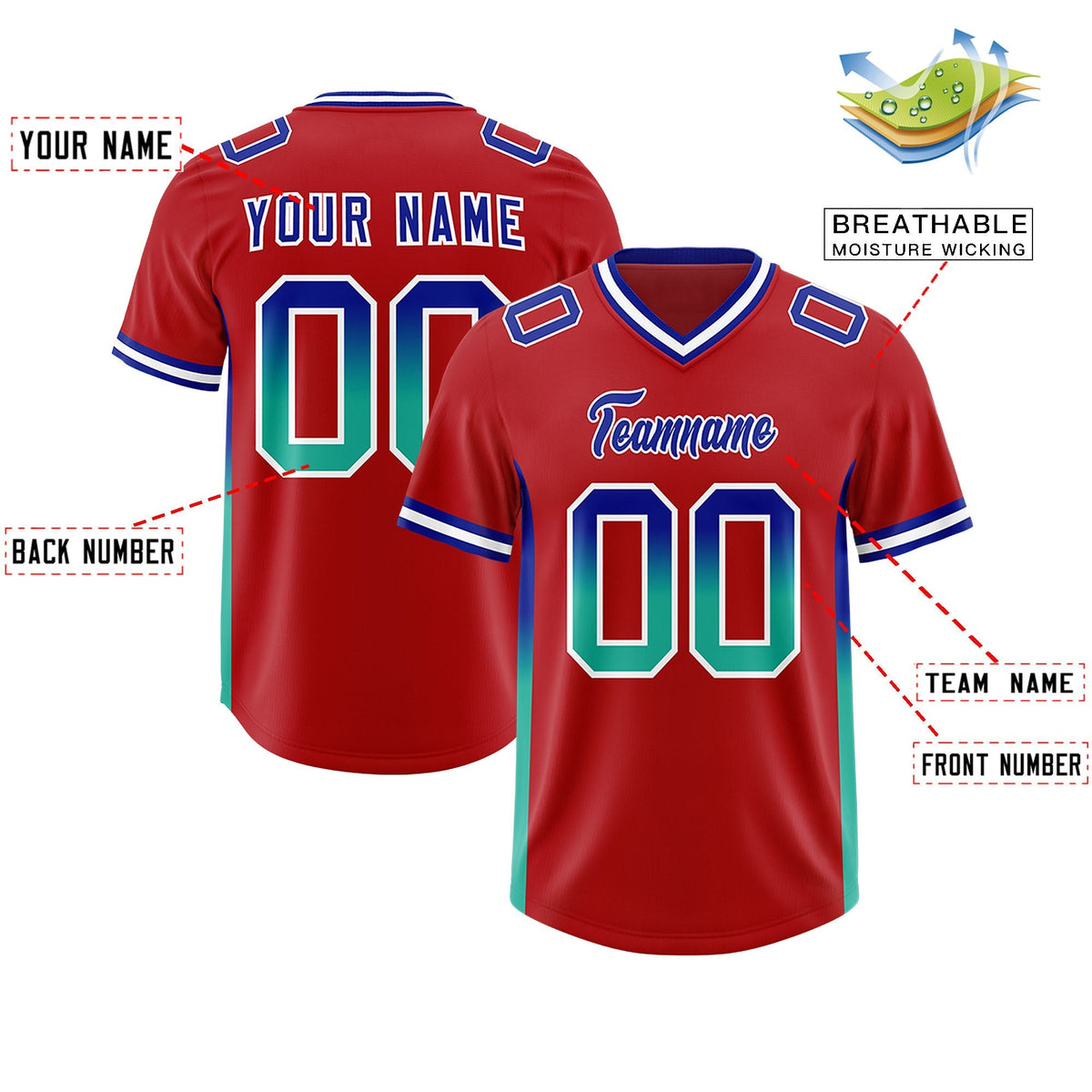 Custom Red Royal and Bright Green Sides Gradient Fashion Personalized Team American Football Jersey