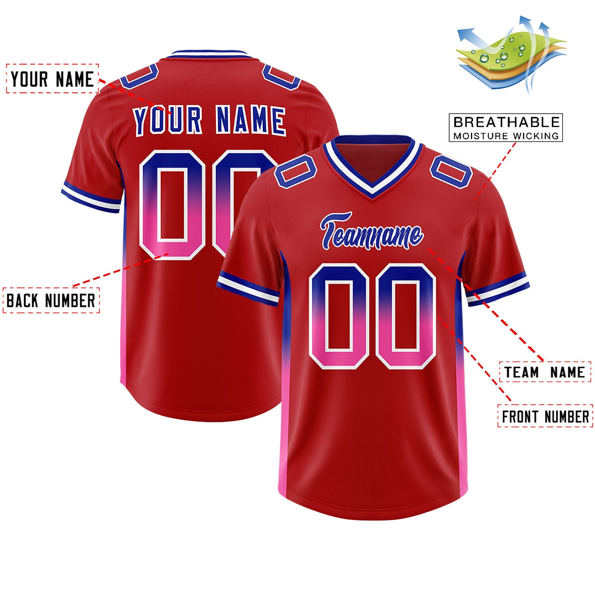 Custom Red Royal and Pink Sides Gradient Fashion Personalized Team American Football Jersey