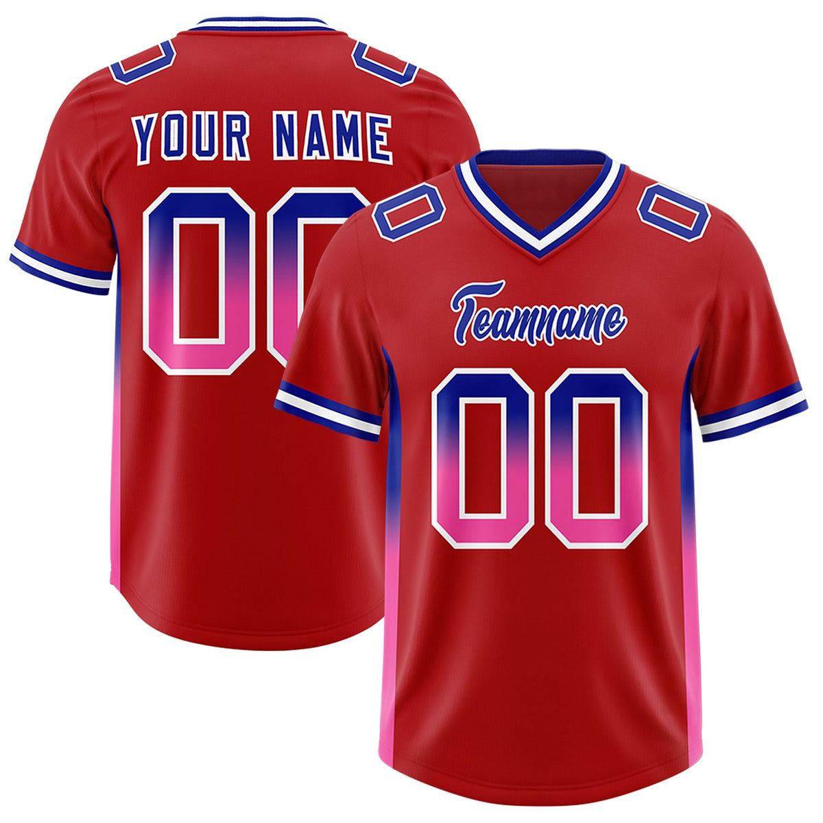 Custom Red Royal and Pink Sides Gradient Fashion Personalized Team American Football Jersey