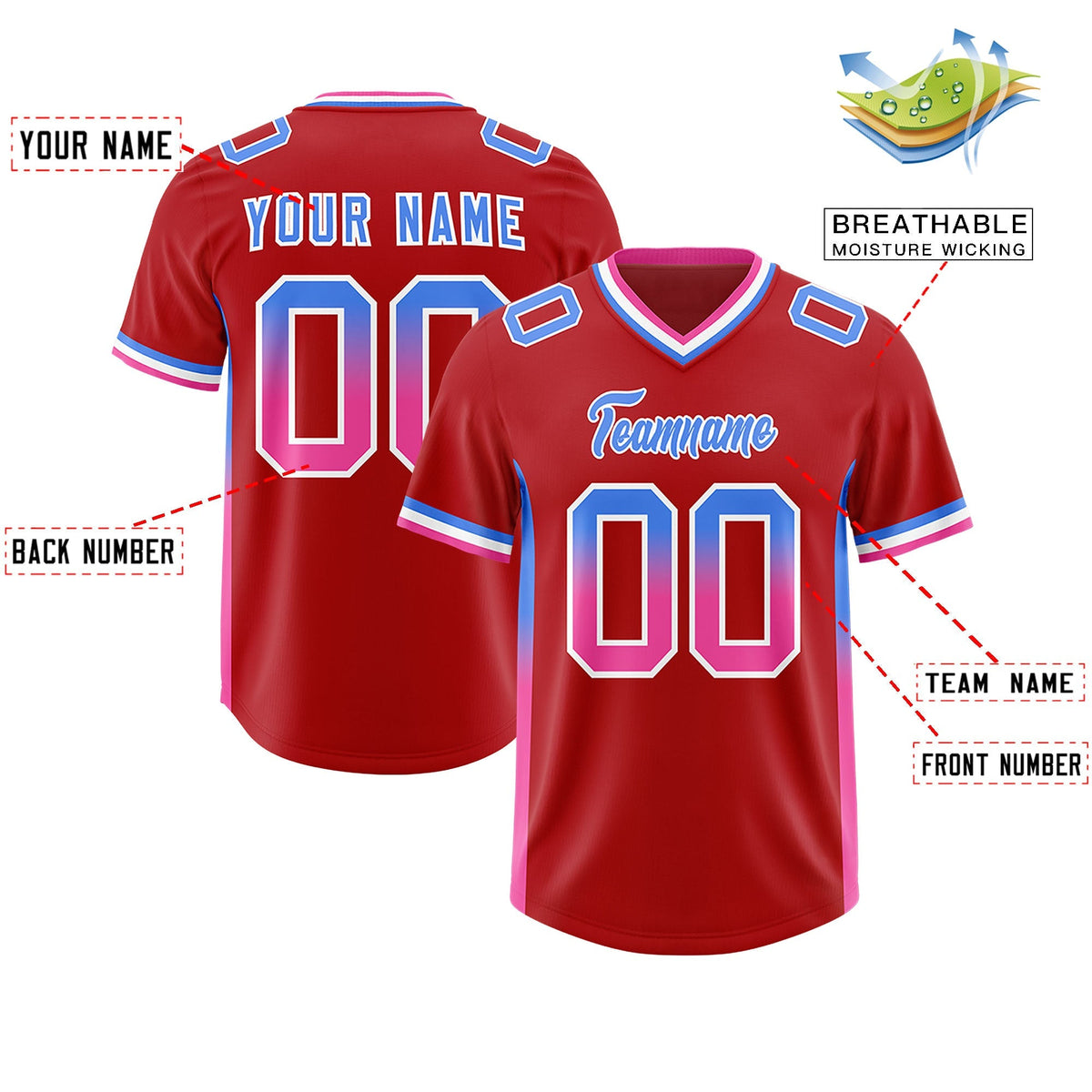 Custom Red Powder Blue and Pink Sides Gradient Fashion Personalized Team American Football Jersey