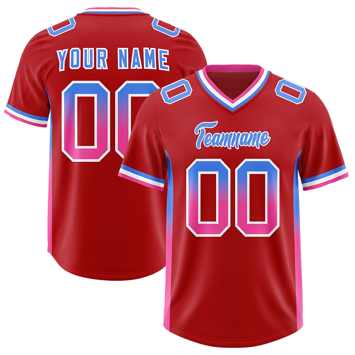 Custom Red Powder Blue and Pink Sides Gradient Fashion Personalized Team American Football Jersey