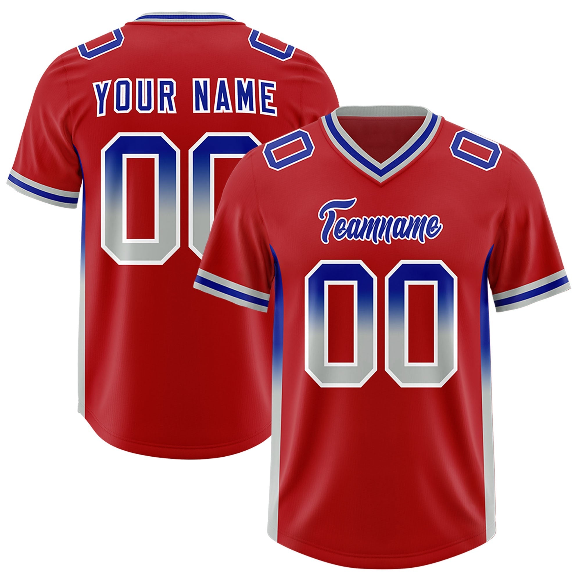 Custom Red Royal and Gray Sides Gradient Fashion Personalized Team American Football Jersey