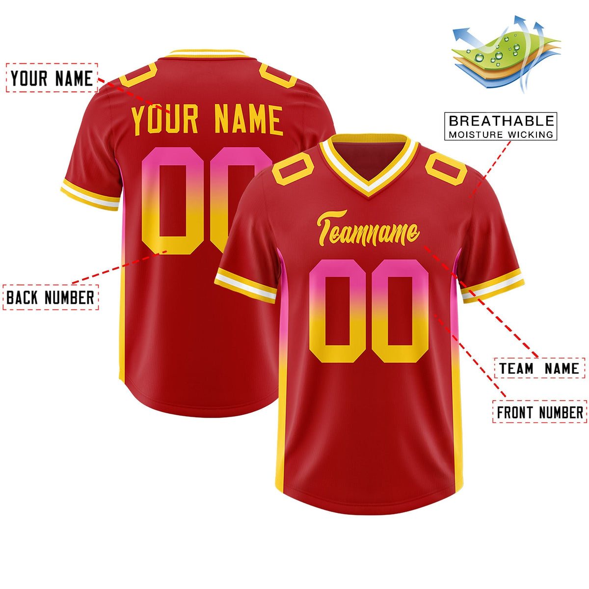 Custom Red Pink and Gold Sides Gradient Fashion Personalized Team American Football Jersey