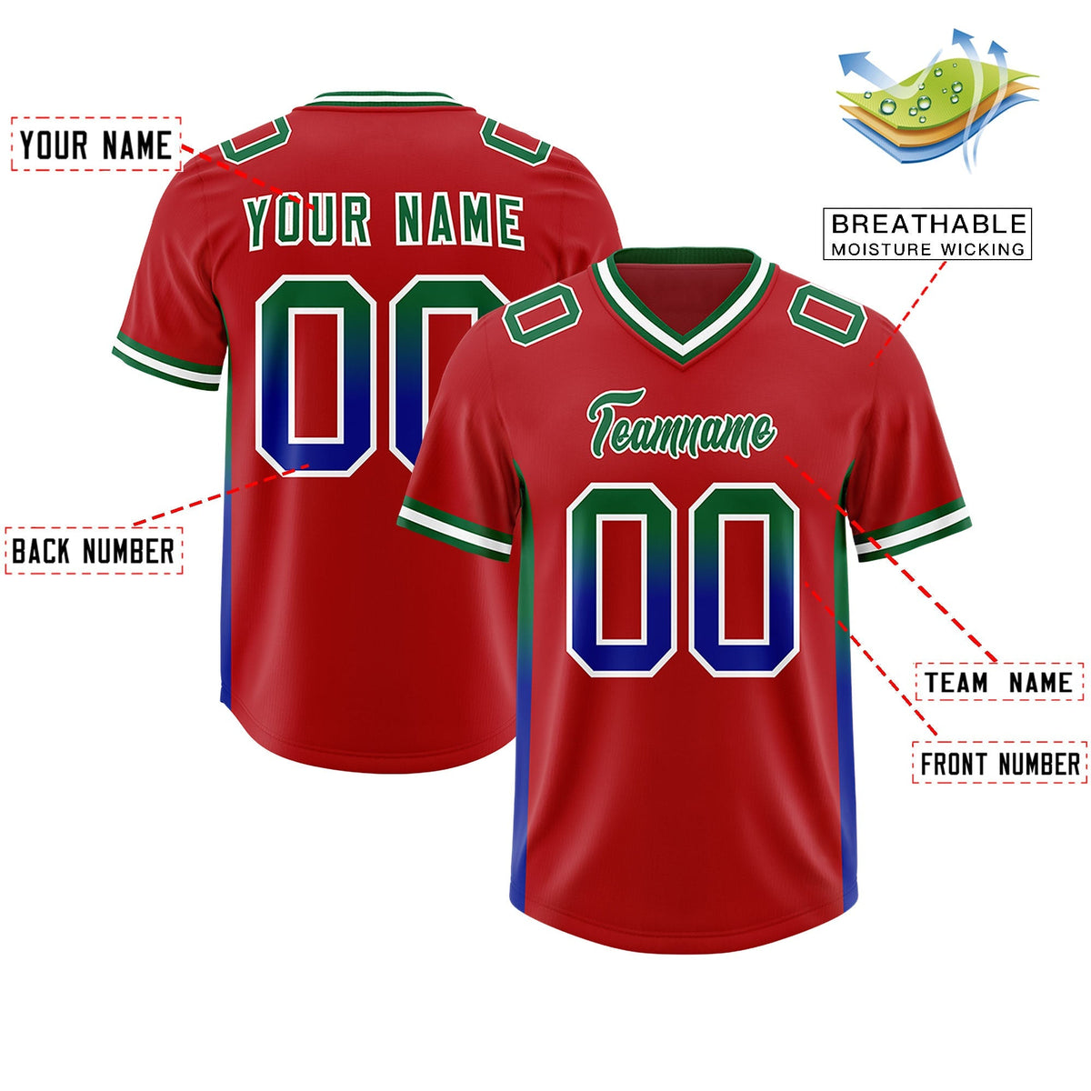 Custom Red Kelly Green and Royal Sides Gradient Fashion Personalized Team American Football Jersey