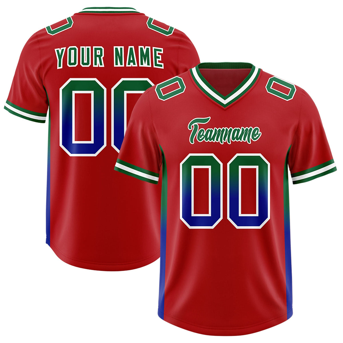 Custom Red Kelly Green and Royal Sides Gradient Fashion Personalized Team American Football Jersey