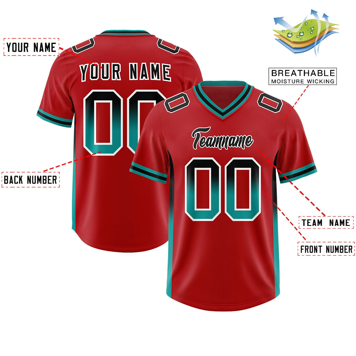 Custom Red Black and Aqua Sides Gradient Fashion Personalized Team American Football Jersey