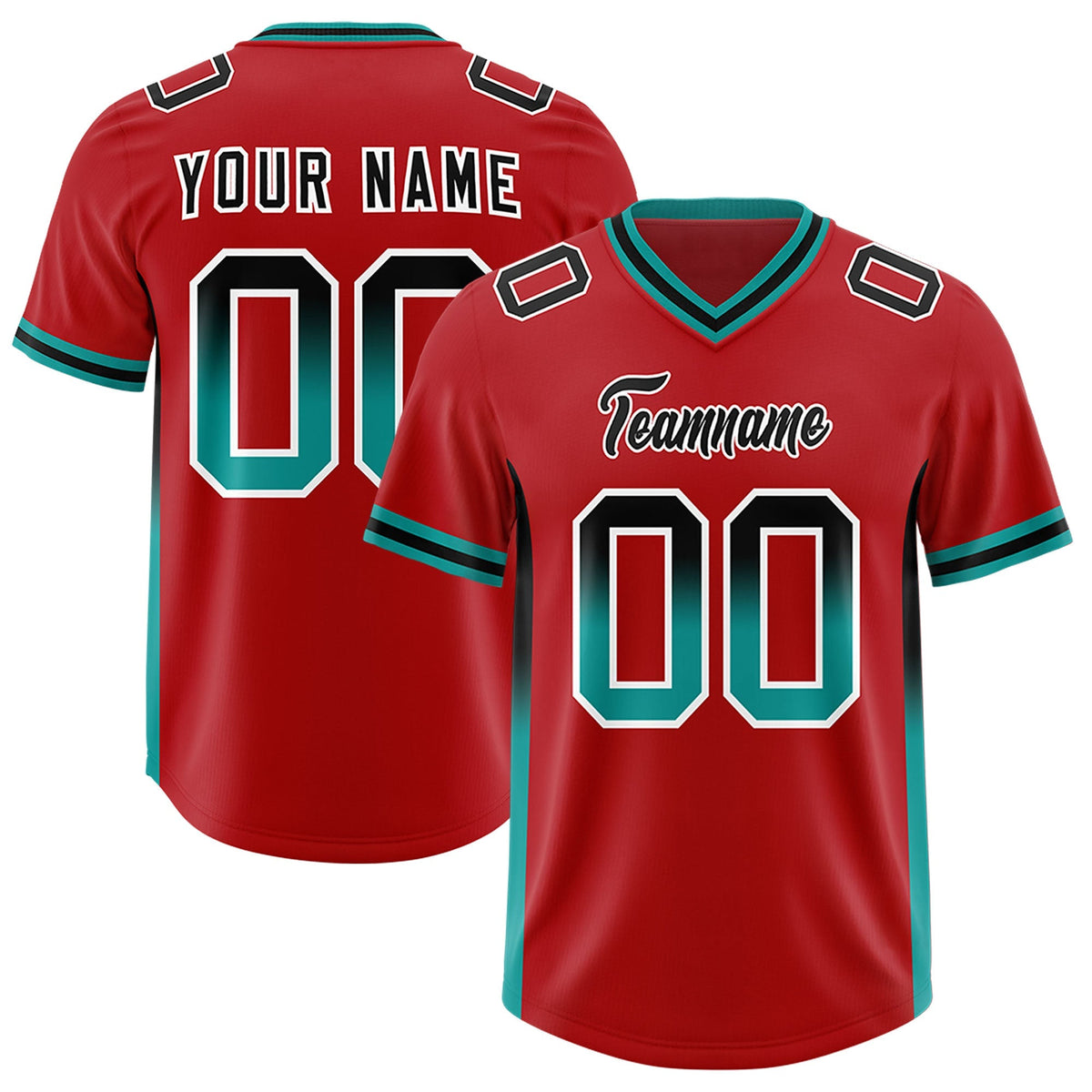 Custom Red Black and Aqua Sides Gradient Fashion Personalized Team American Football Jersey