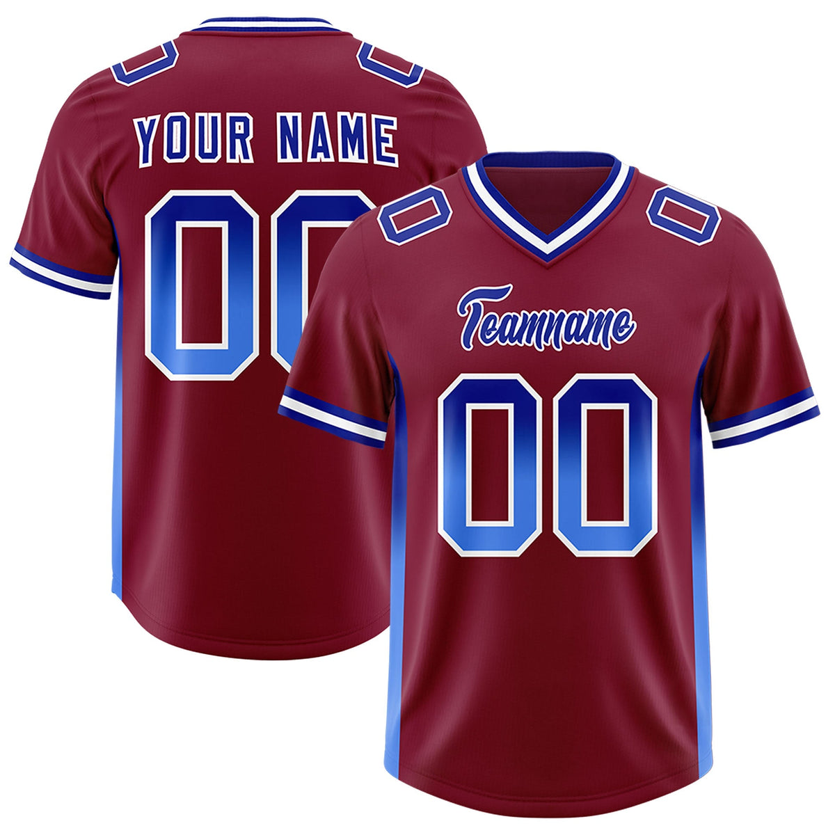 Custom Cardinal Royal and Powder Blue Sides Gradient Fashion Personalized Team American Football Jersey