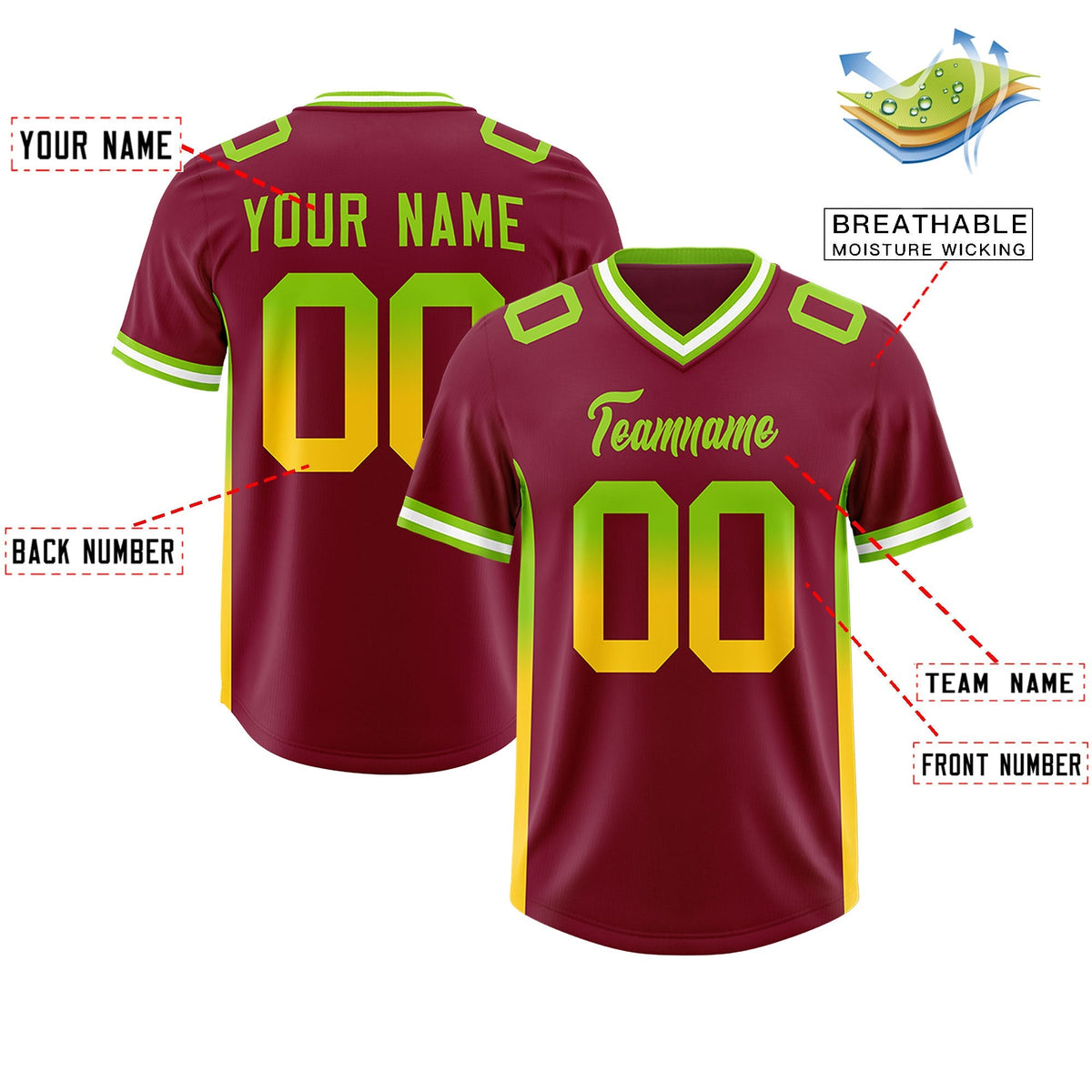 Custom Cardinal Neon Green and Gold Sides Gradient Fashion Personalized Team American Football Jersey
