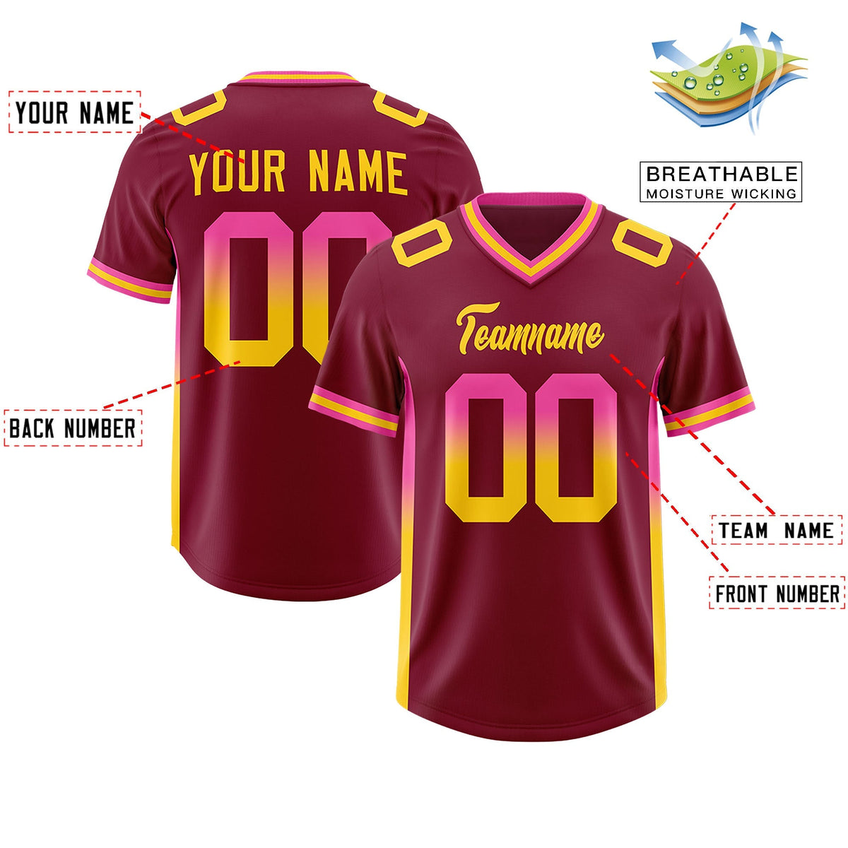 Custom Cardinal Pink and Gold Sides Gradient Fashion Personalized Team American Football Jersey