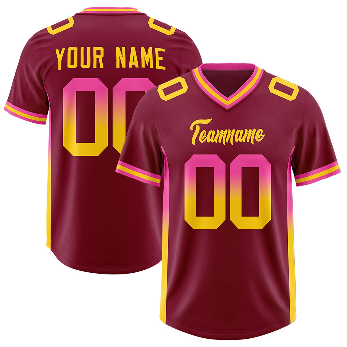 Custom Cardinal Pink and Gold Sides Gradient Fashion Personalized Team American Football Jersey