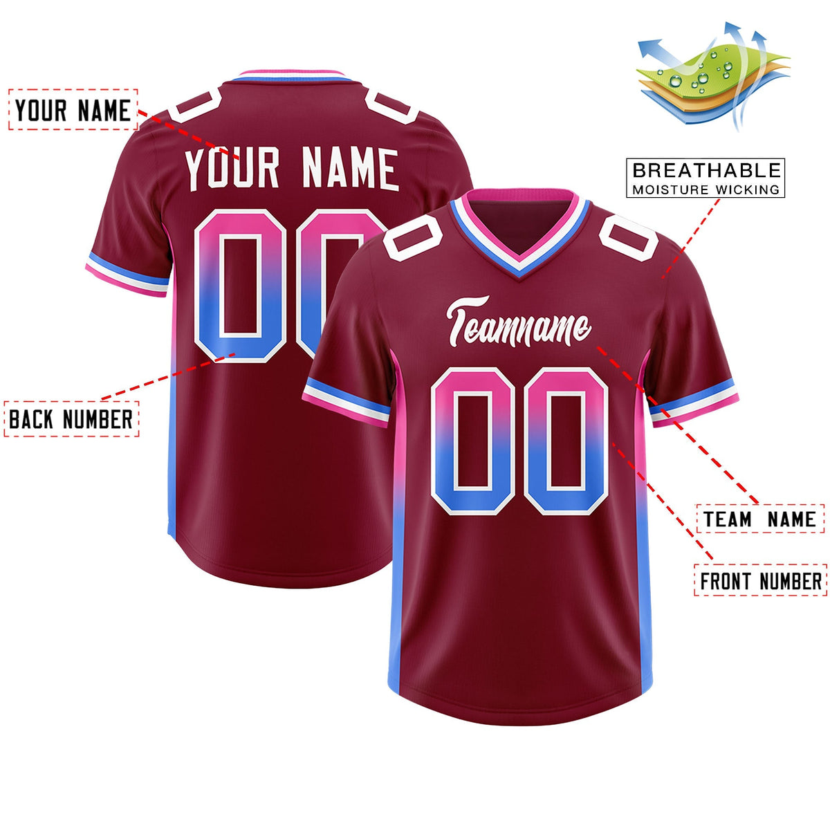 Custom Cardinal Pink and Powder Blue Sides Gradient Fashion Personalized Team American Football Jersey