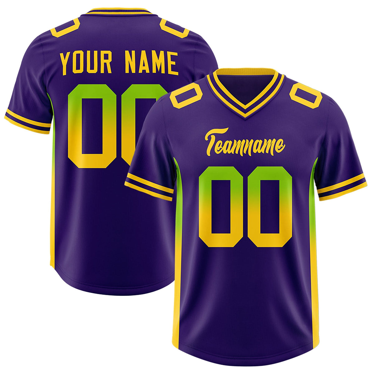 Custom Purple Neon Green and Gold Sides Gradient Fashion Personalized Team American Football Jersey
