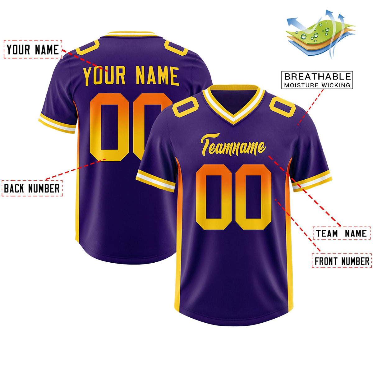Custom Purple Orange and Gold Sides Gradient Fashion Personalized Team American Football Jersey
