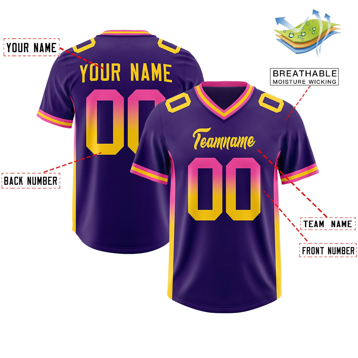 Custom Purple Pink and Gold Sides Gradient Fashion Personalized Team American Football Jersey
