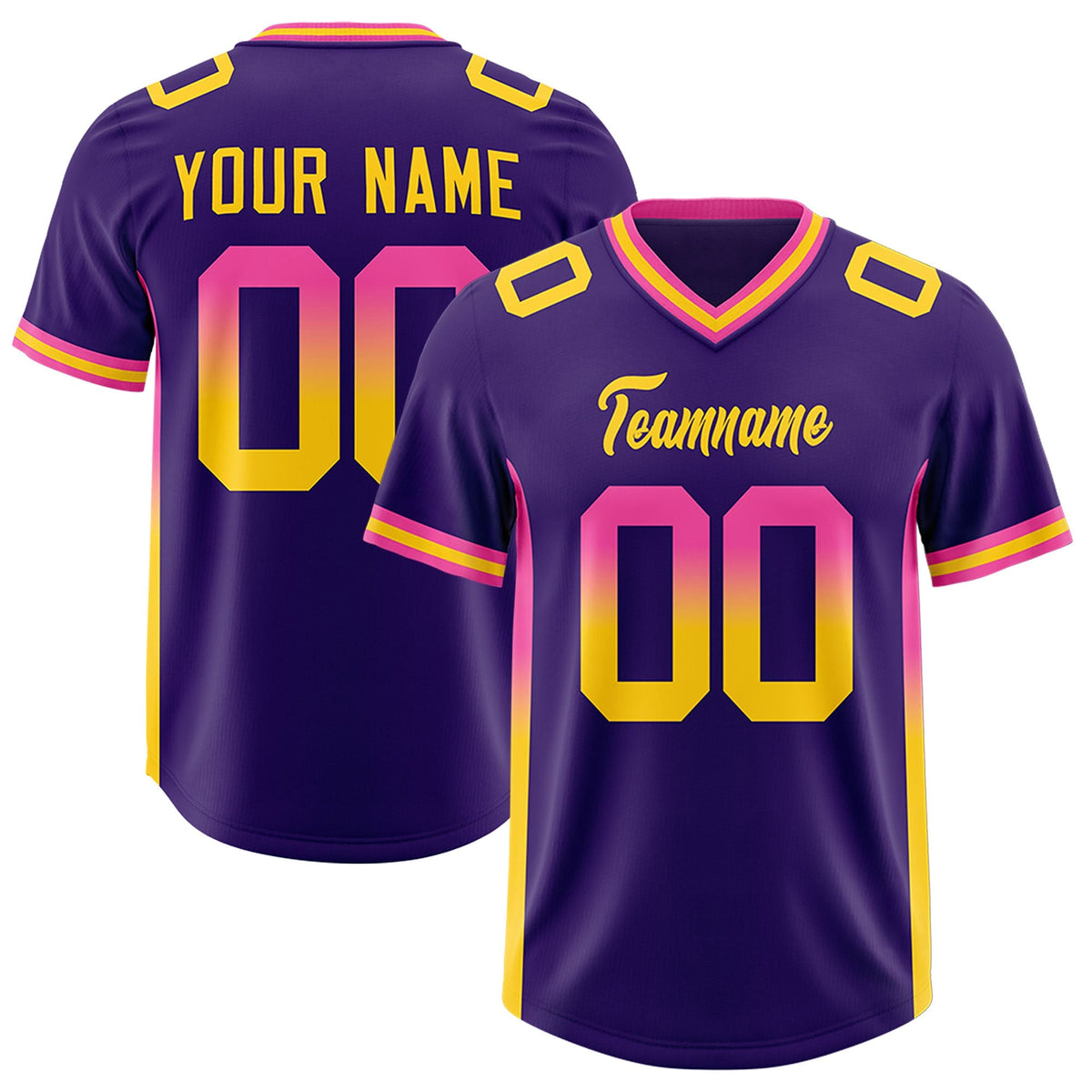 Custom Purple Pink and Gold Sides Gradient Fashion Personalized Team American Football Jersey