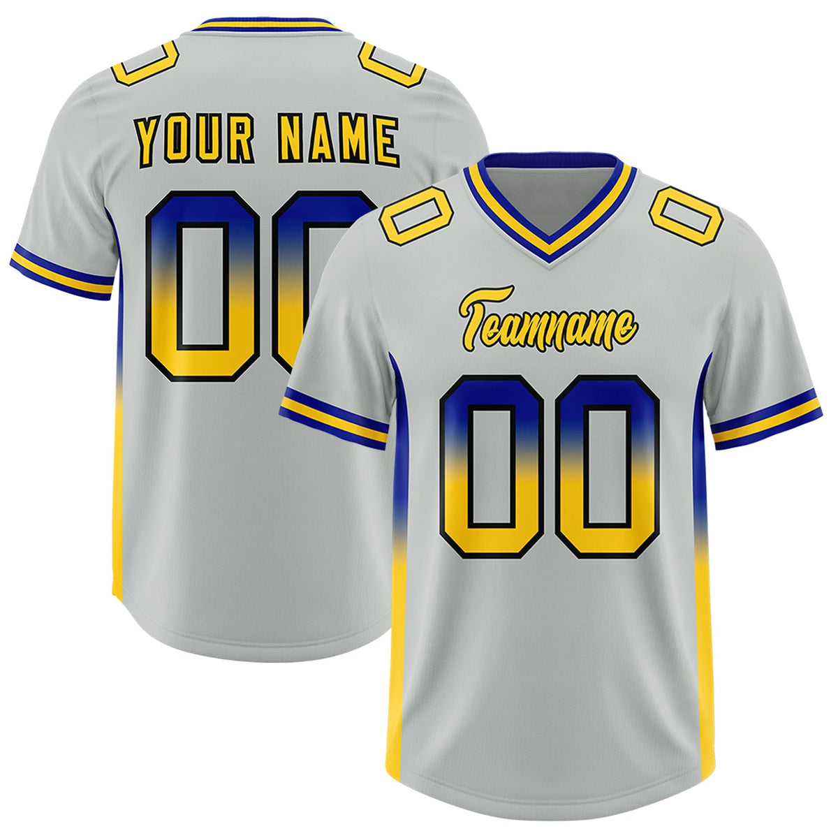 Custom Gray Royal and Gold Sides Gradient Fashion Personalized Team American Football Jersey