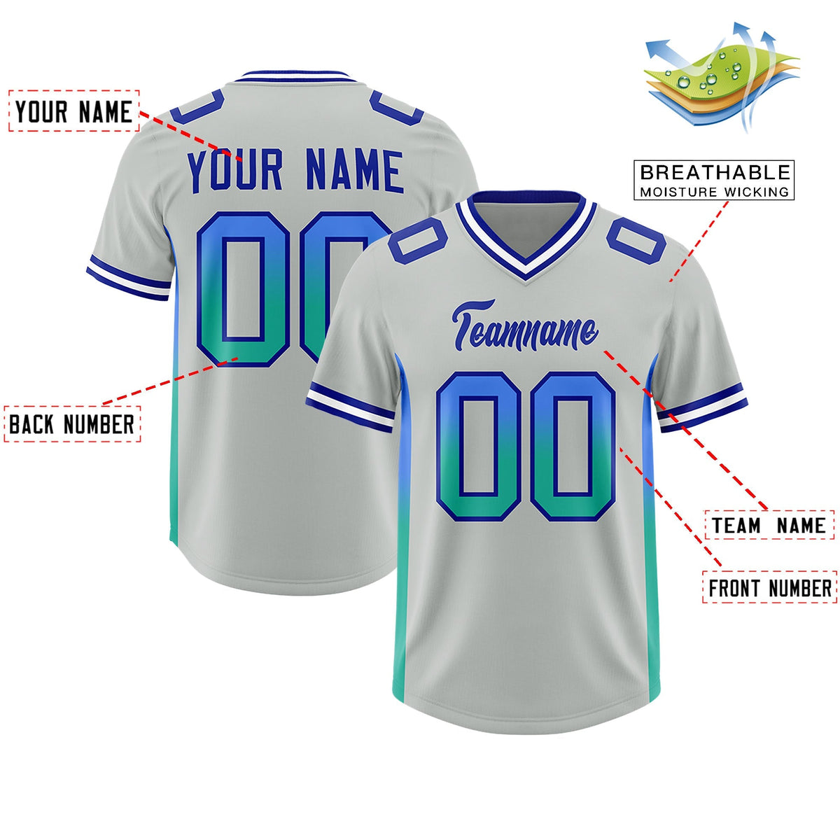 Custom Gray Powder Blue and Bright Green Sides Gradient Fashion Personalized Team American Football Jersey