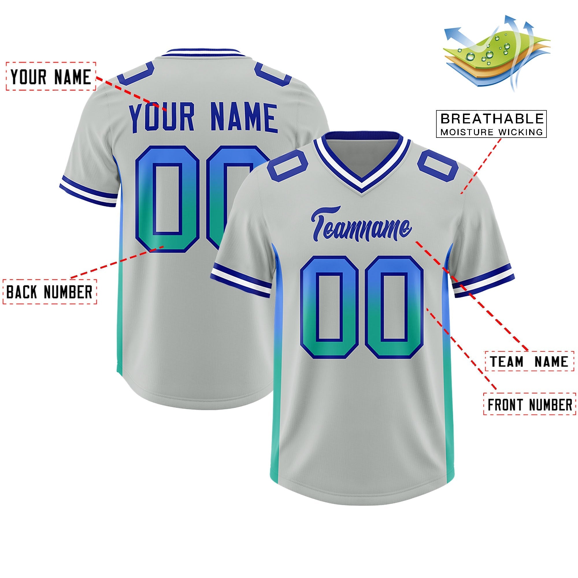 Custom Gray Powder Blue and Bright Green Sides Gradient Fashion Personalized Team American Football Jersey