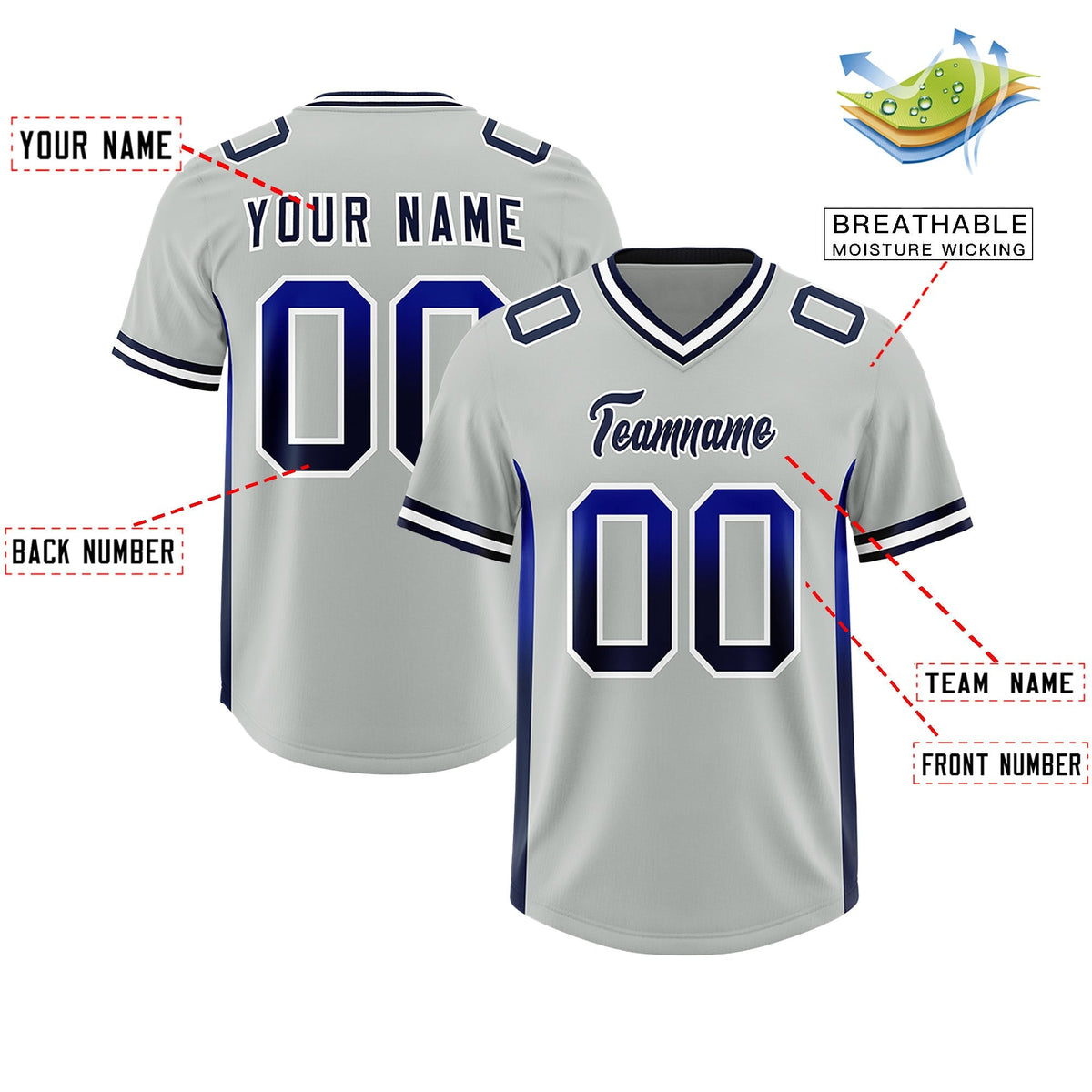 Custom Gray Royal and Navy Sides Gradient Fashion Personalized Team American Football Jersey