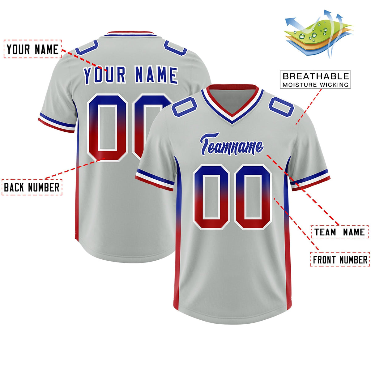 Custom Gray Royal and Red Sides Gradient Fashion Personalized Team American Football Jersey