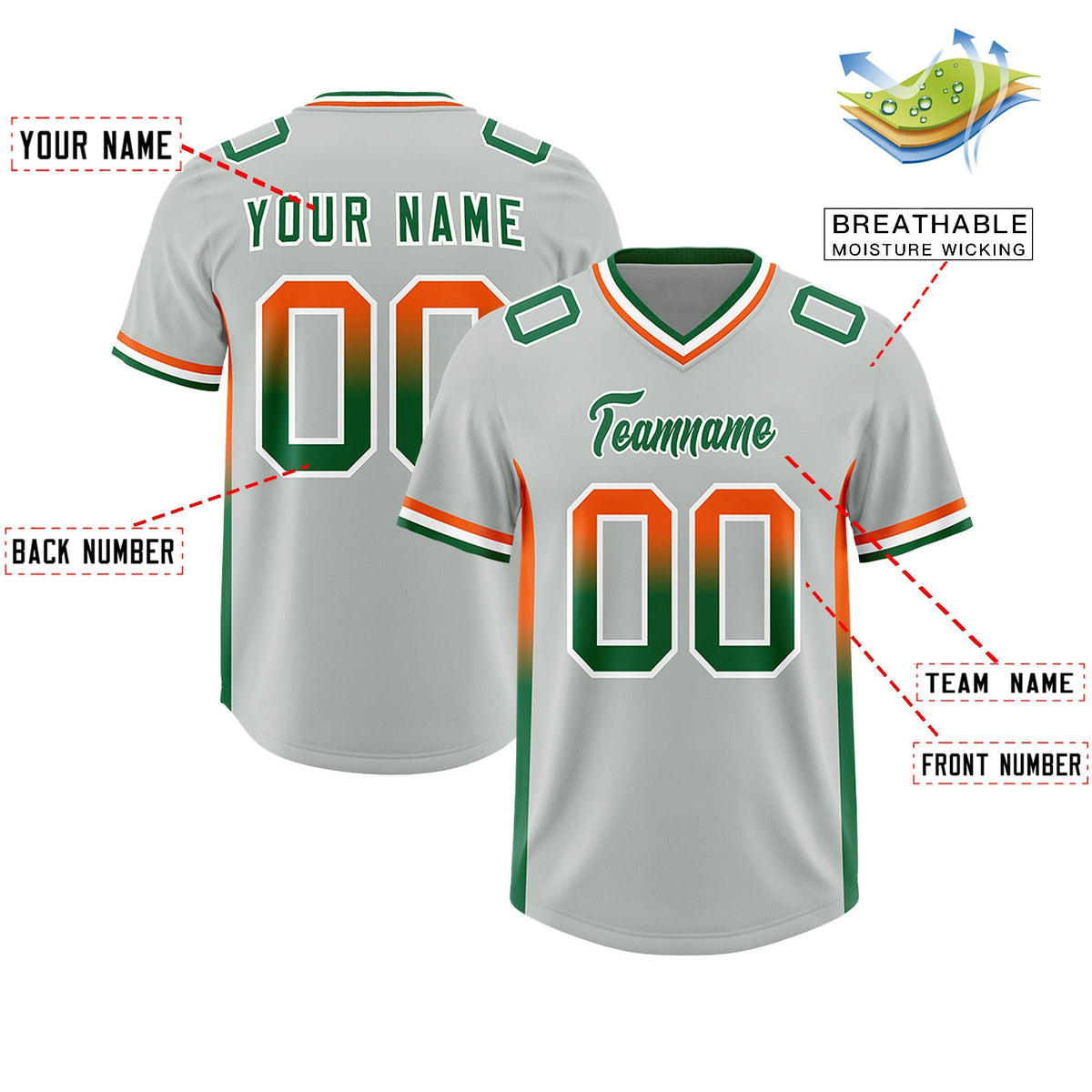 Custom Gray Orange and Kelly Green Sides Gradient Fashion Personalized Team American Football Jersey