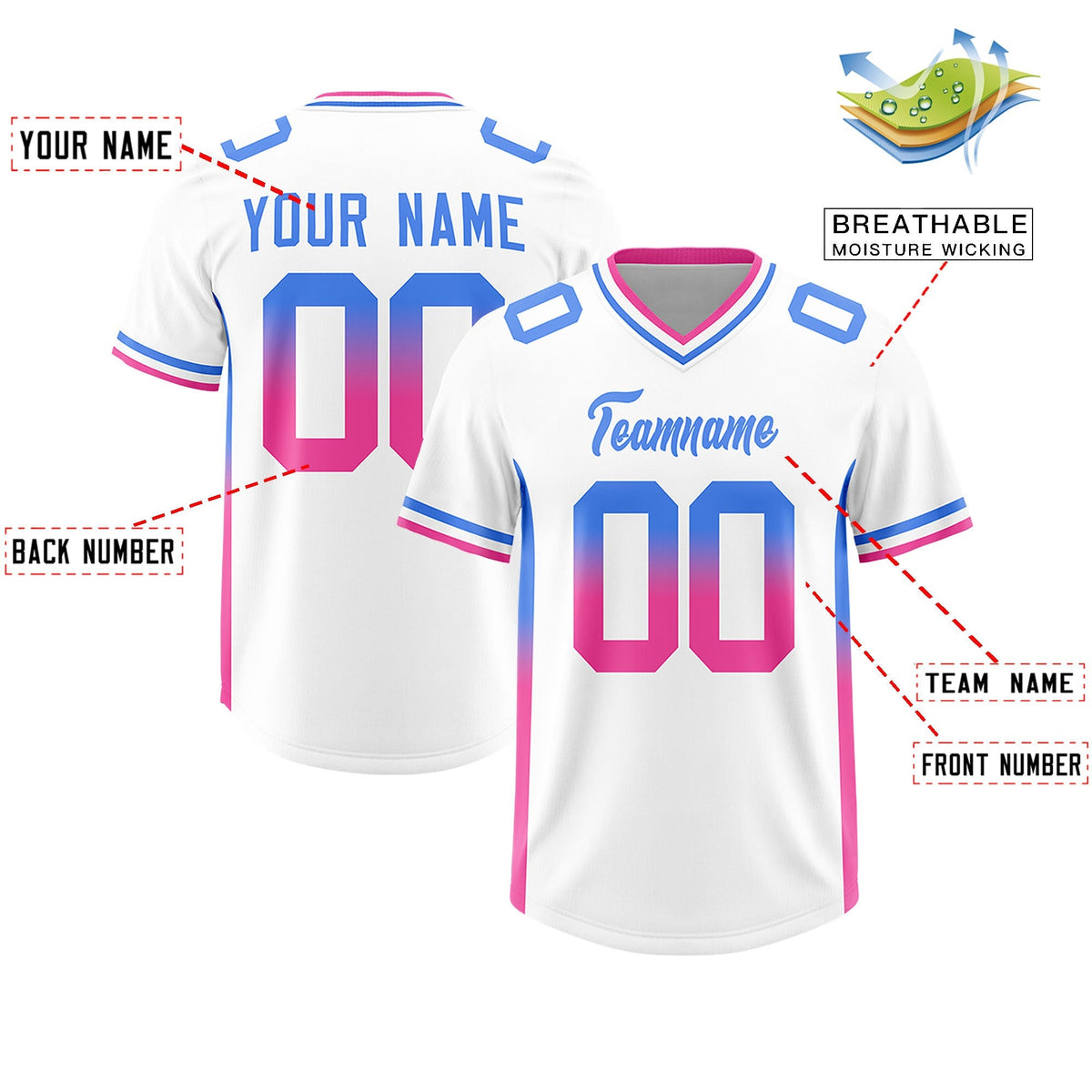 Custom White Powder Blue and Pink Sides Gradient Fashion Personalized Team American Football Jersey