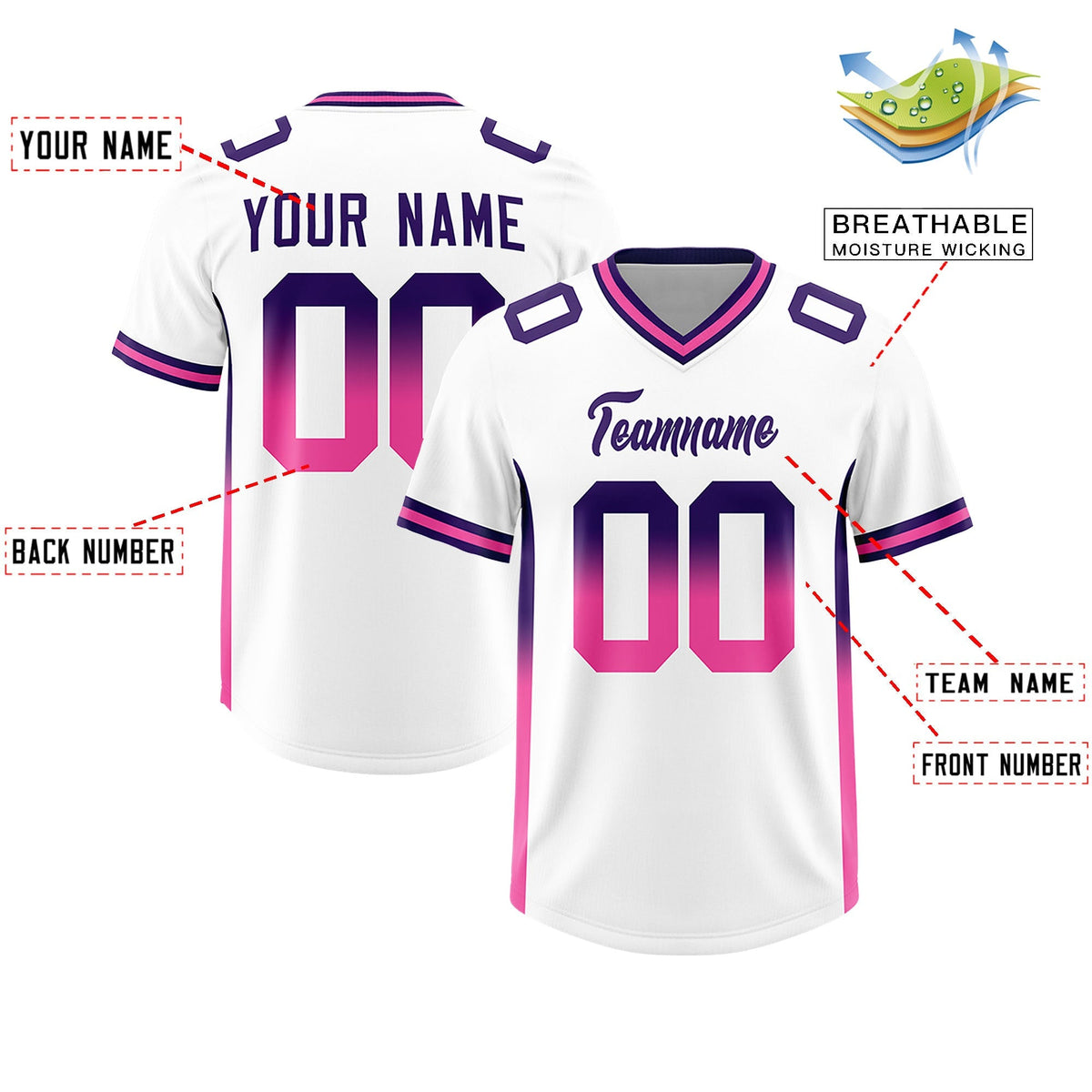 Custom White Purple and Pink Sides Gradient Fashion Personalized Team American Football Jersey