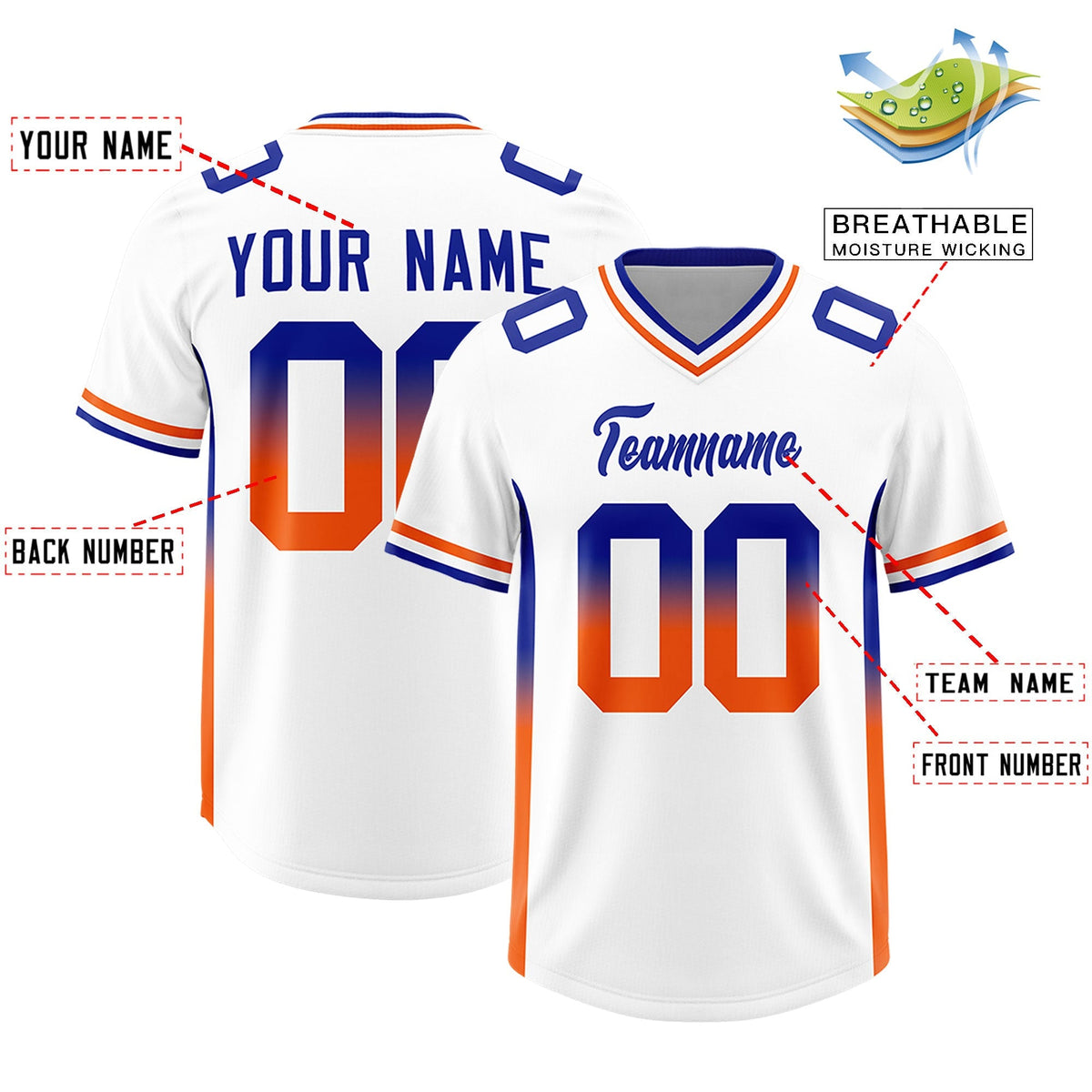 Custom White Royal and Orange Sides Gradient Fashion Personalized Team American Football Jersey